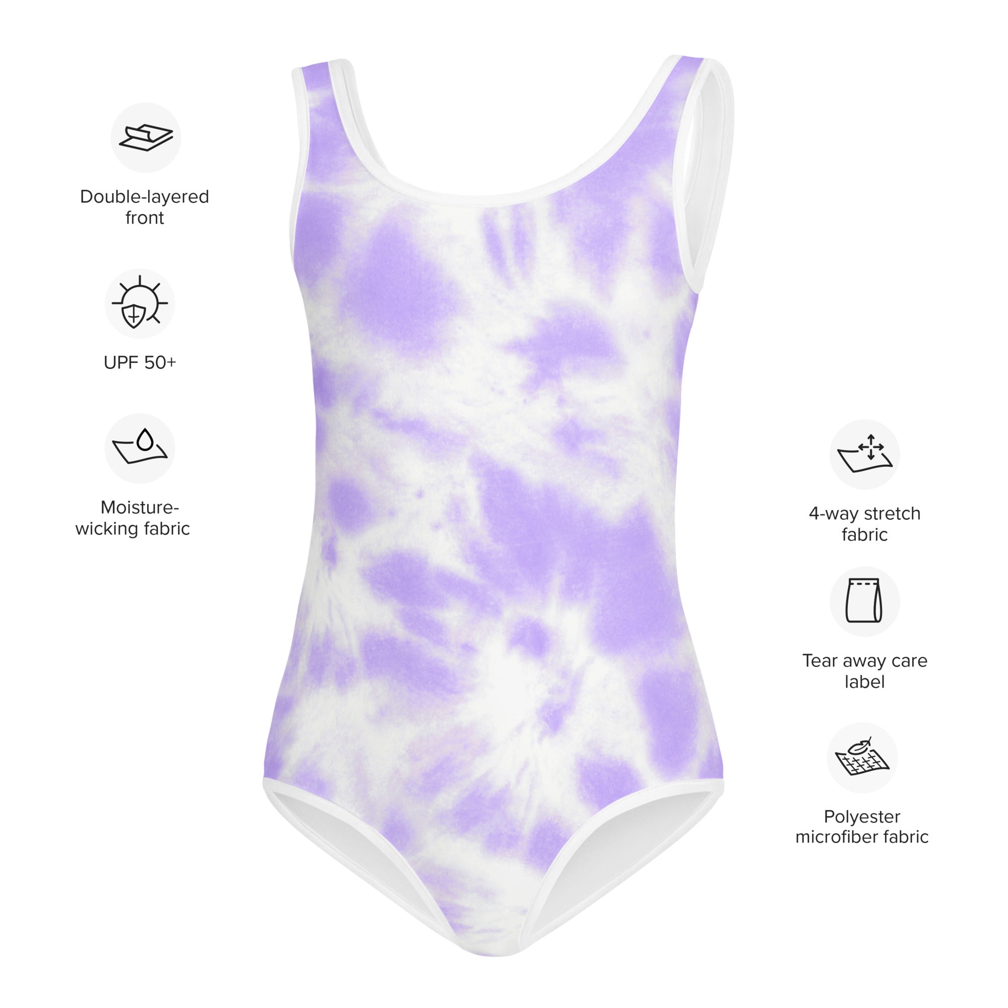 Girls faux purple tie dye one-piece swimsuit with buttery soft polyester microfiber fabric and double-layered front with UPF 50+