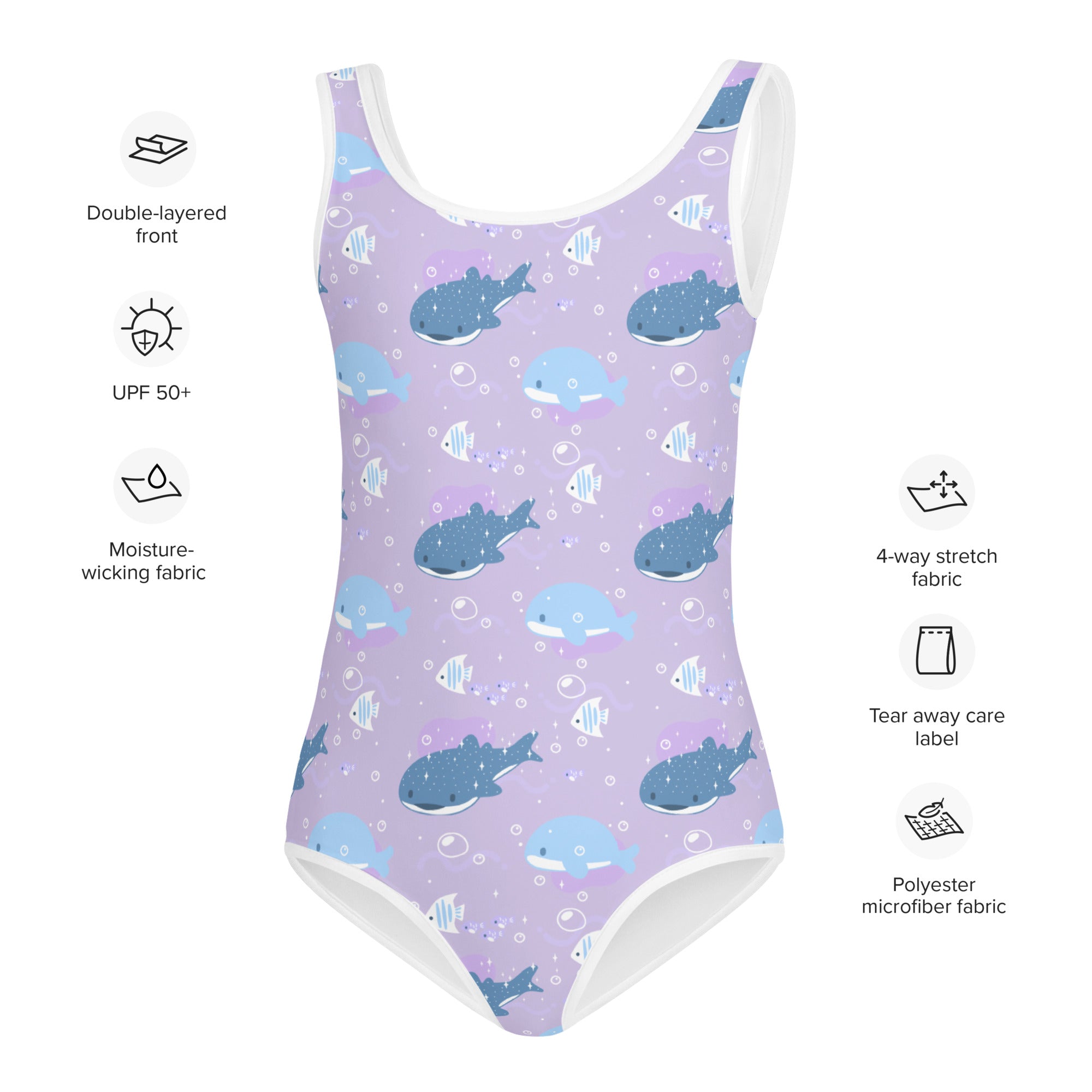 Girls purple whale shark buttery soft one-piece swimsuit with UPF 50+ featuring blue whale and fish pattern and white trim