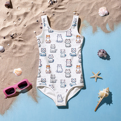 White girls one-piece swimsuit with playful cartoon cats in orange blue and gray made from buttery soft fabric with UPF 50+