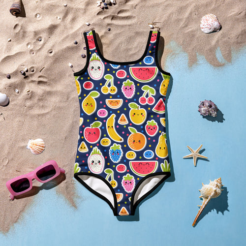 A navy blue girls one-piece swimsuit with a playful fruity emoji pattern and buttery soft fabric with UPF 50 plus protection