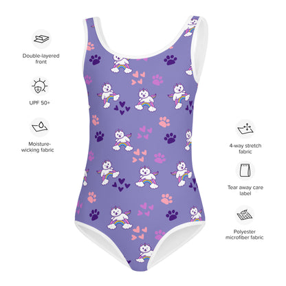 Girls Purple Rainbow Caticorns Buttery Soft Swimsuit With UPF 50+