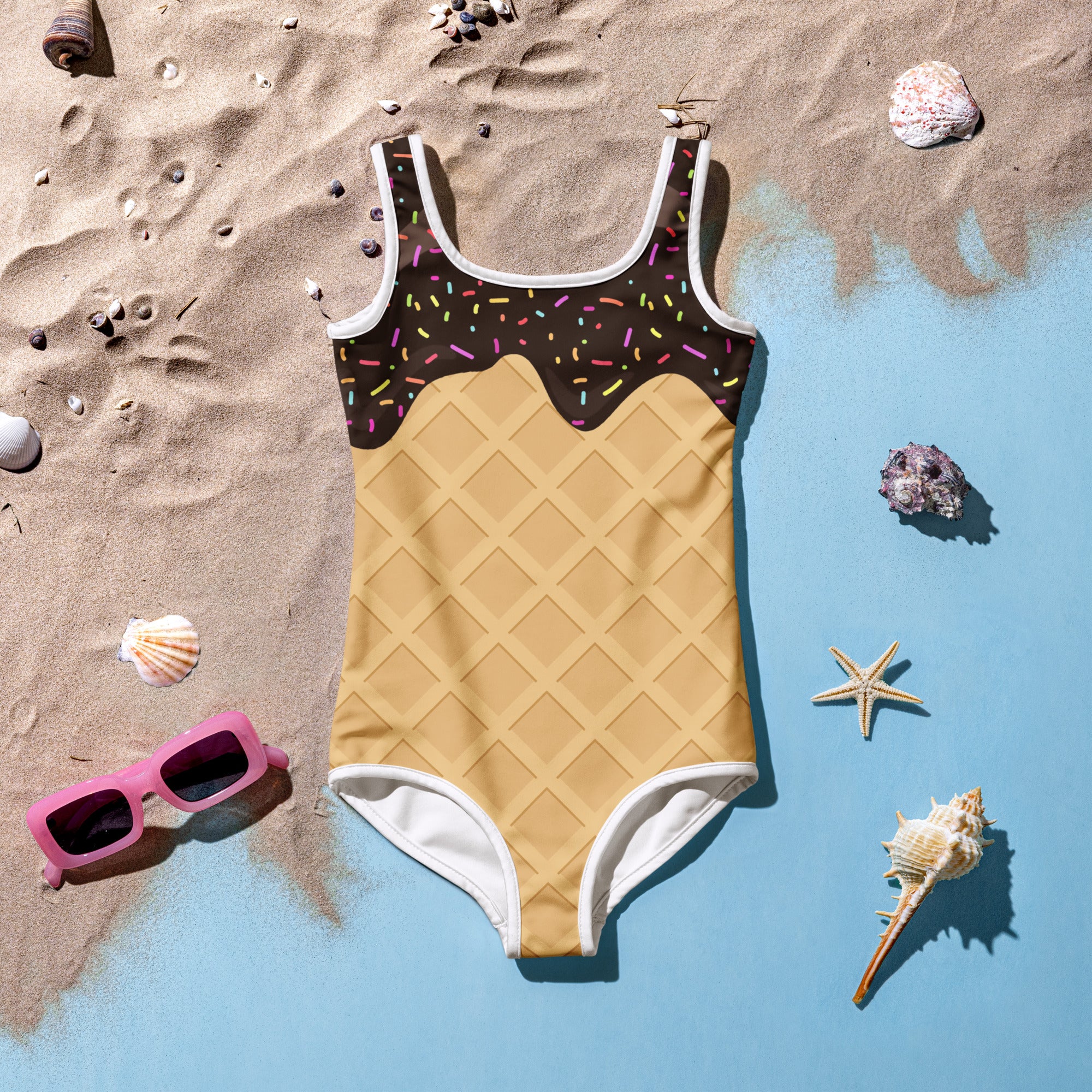 Girls Chocolate Ice Cream Waffle Cone Buttery Soft Swimsuit With UPF 50+