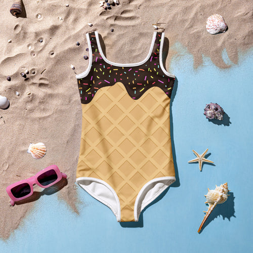 Girls chocolate ice cream waffle cone buttery soft one-piece swimsuit with colorful sprinkles and UPF 50+ protection