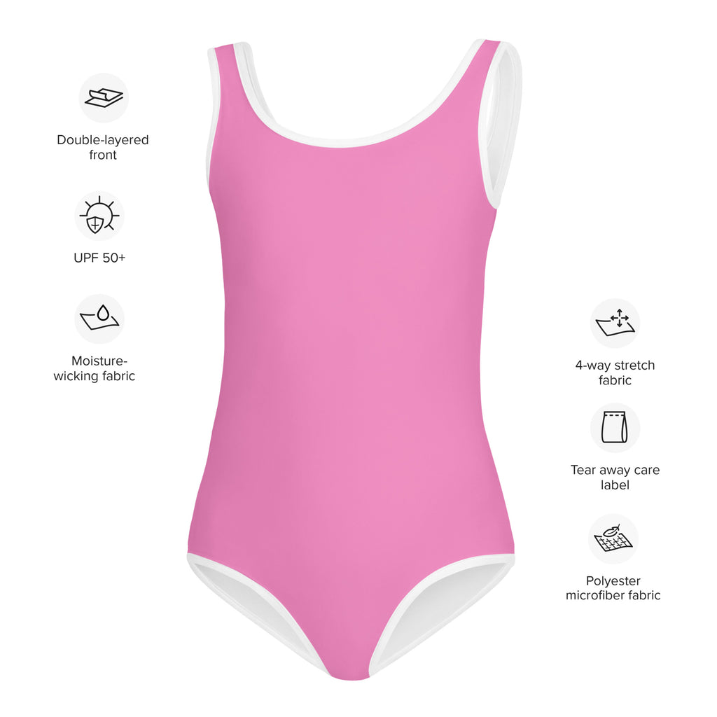 Girls buttery soft pink one-piece swimsuit with white trim and double-layered front with upf 50 plus protection