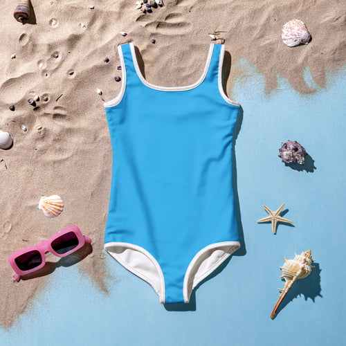 A vibrant blue girls buttery soft one-piece swimsuit with white trim and UPF 50 plus sun protection