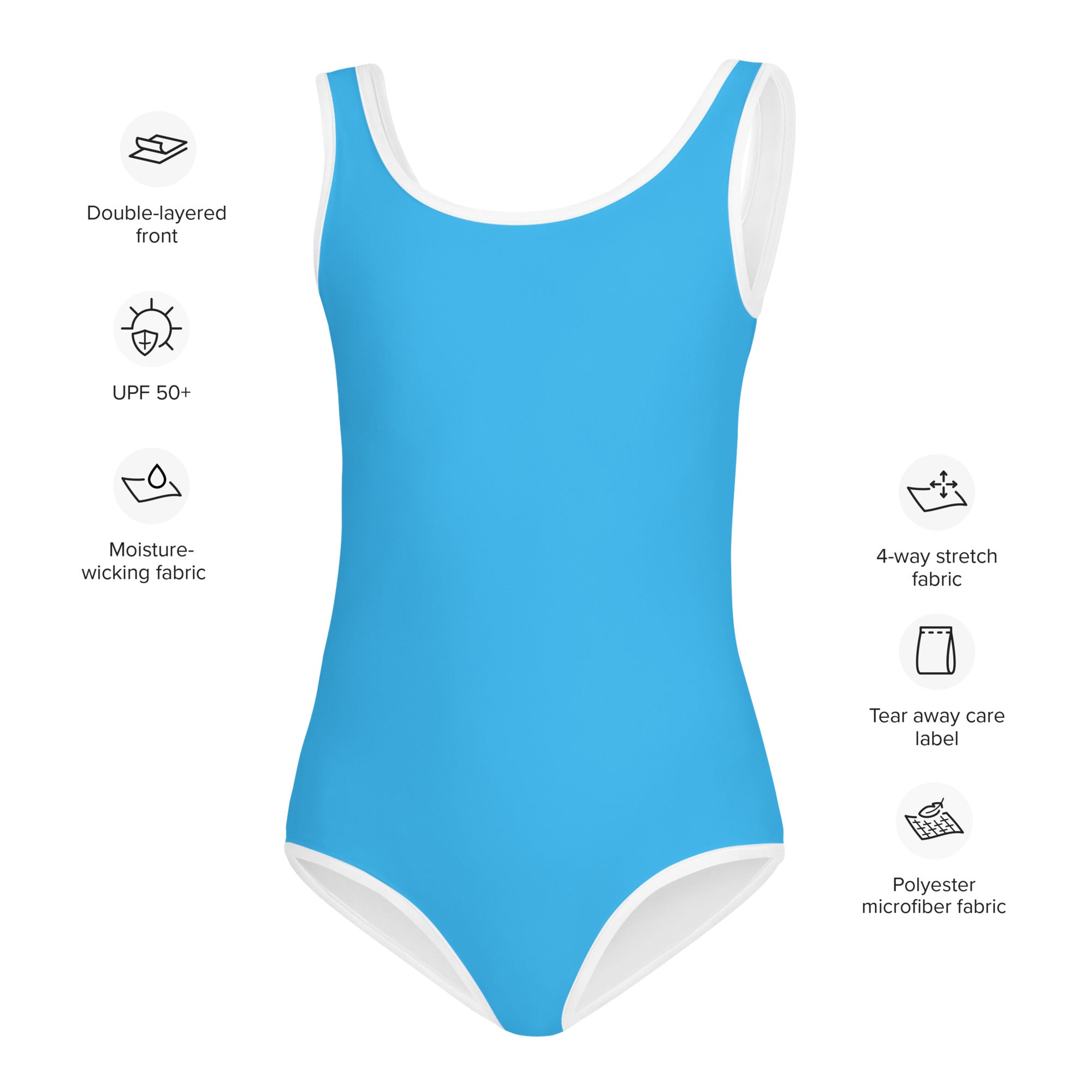 A vibrant blue girls one-piece swimsuit with white trim buttery soft fabric and UPF 50 plus sun protection