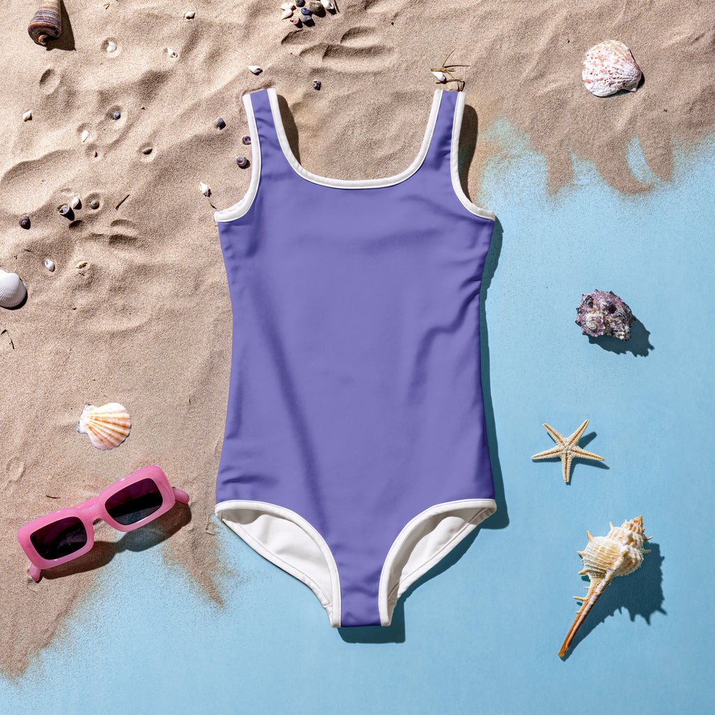 Girls buttery soft purple one-piece swimsuit with white trim and upf 50 sun protection for sun safety