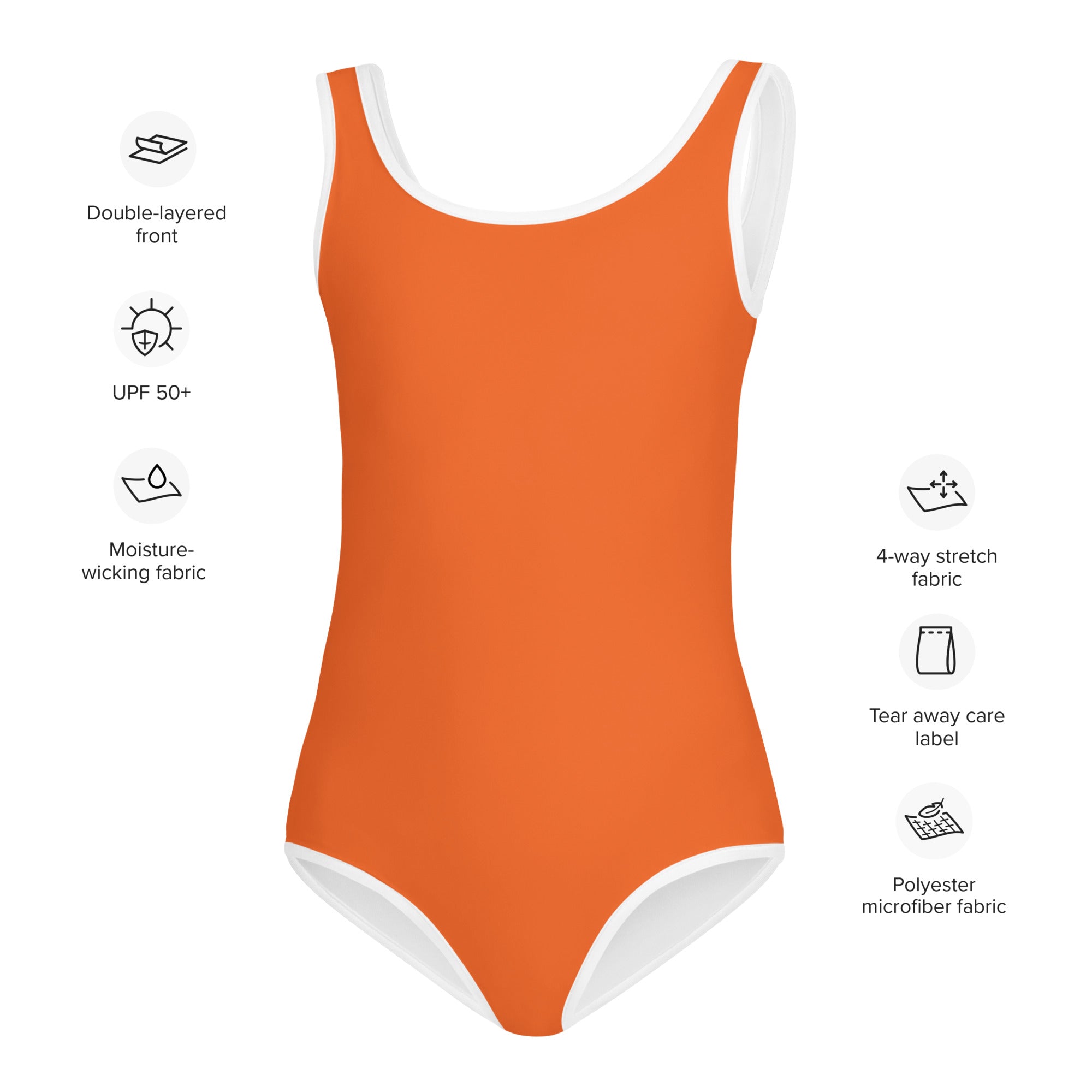 A vibrant orange girls one-piece buttery soft swimsuit with white trim and UPF 50 plus sun protection