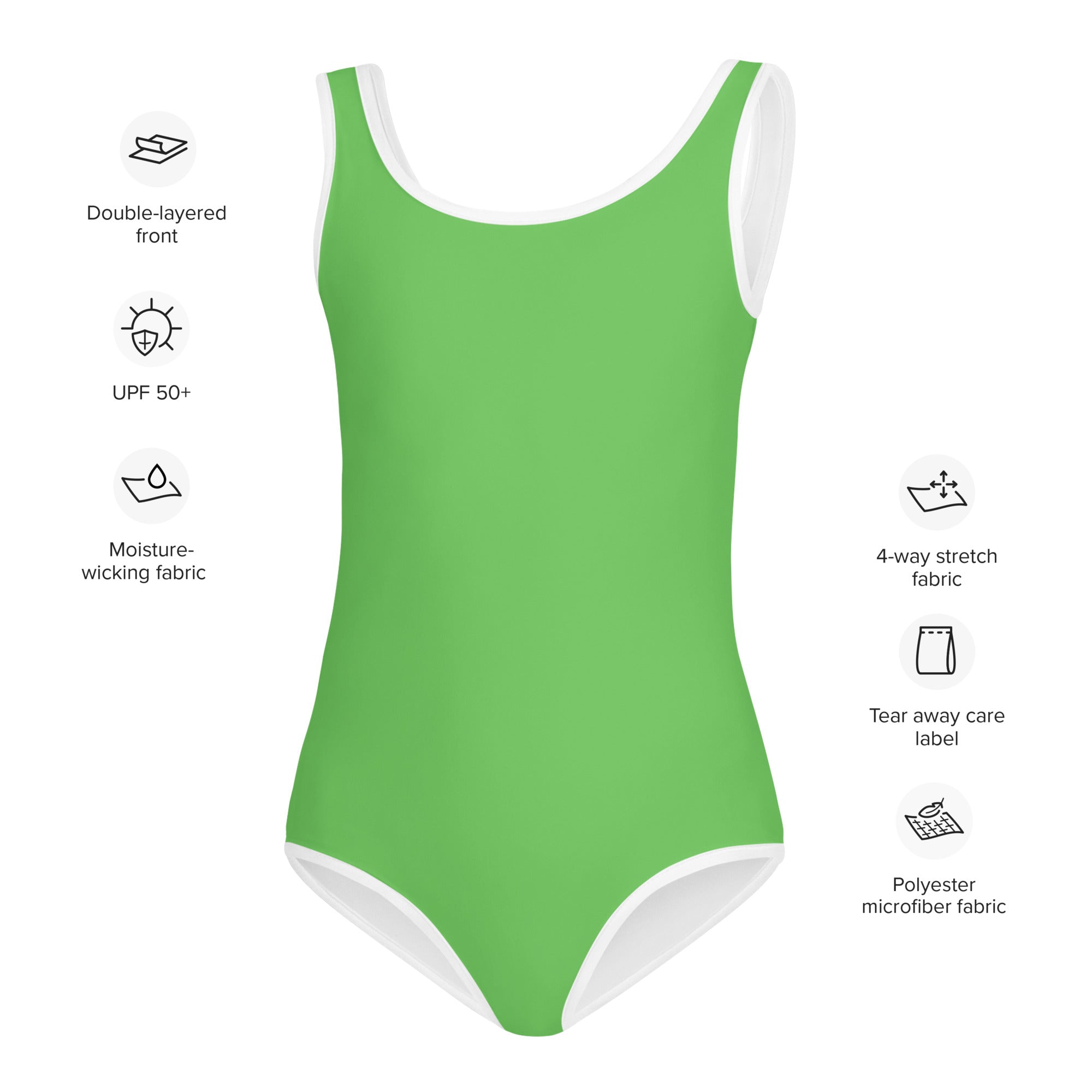A vibrant green buttery soft one-piece swimsuit for girls with white trim and UPF 50+ sun protection
