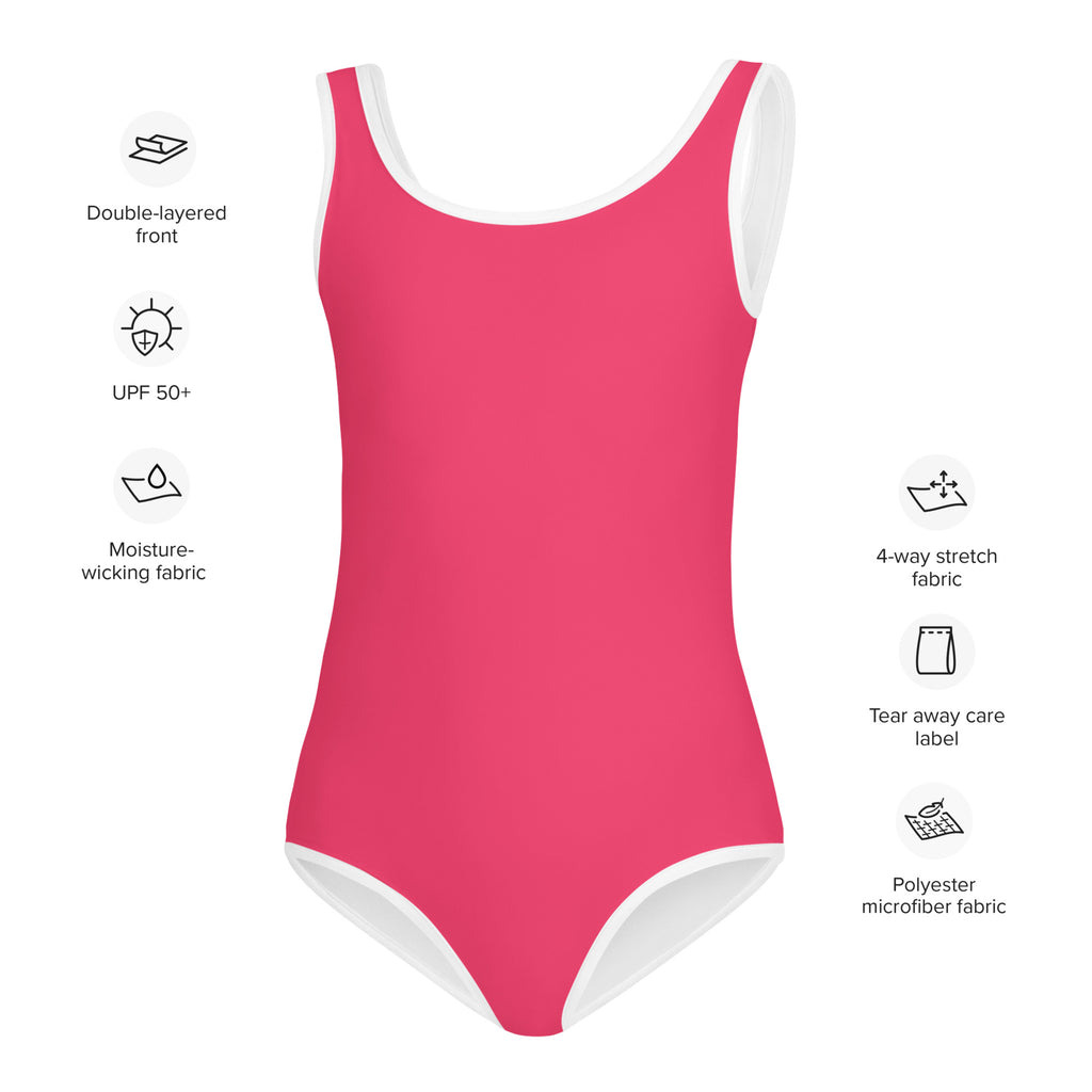 Girls buttery soft rose color swimsuit in vibrant pink with white trim and UPF 50 plus protection