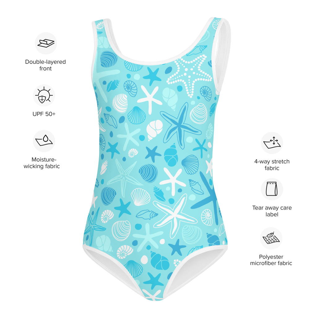 Girls starfish and seashell buttery soft swimsuit with UPF 50 plus light blue with white trim and sea creature pattern
