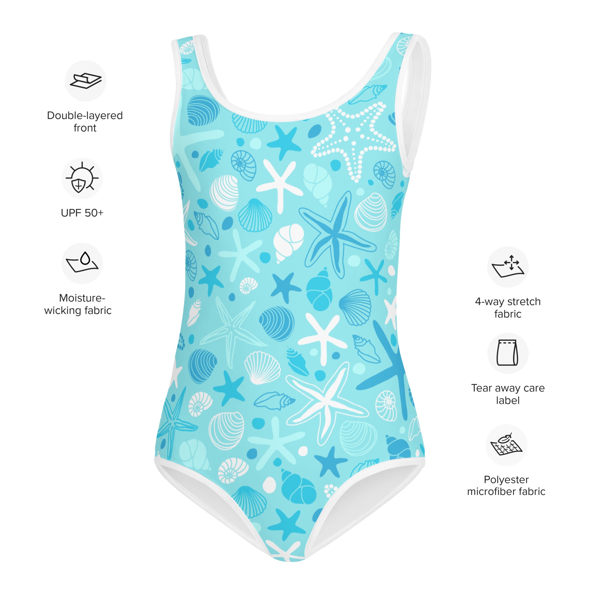 Girls starfish and seashell buttery soft swimsuit with UPF 50 plus light blue with white trim and sea creature pattern