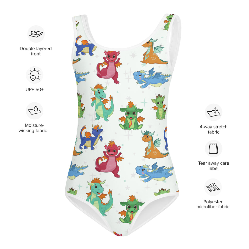 White buttery soft one-piece swimsuit for girls with colorful cartoon dragons and upf 50 plus sun protection
