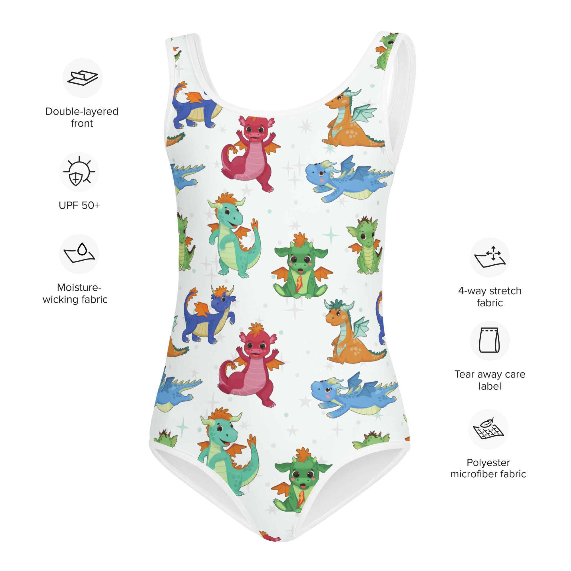 White buttery soft one-piece swimsuit for girls with colorful cartoon dragons and upf 50 plus sun protection