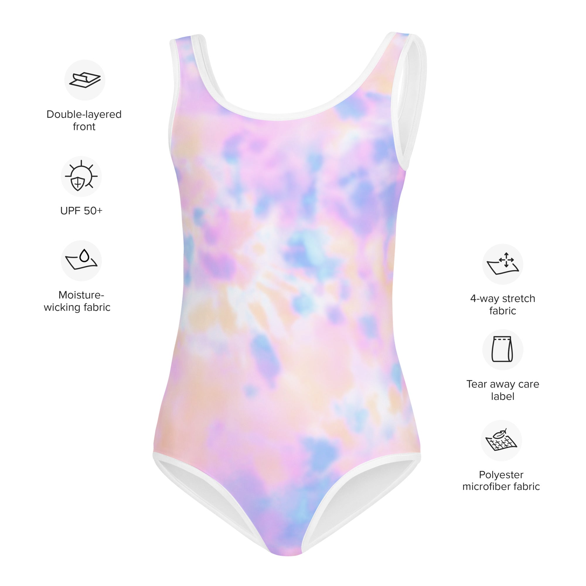 Girls pastel tie-dye one-piece swimsuit with white trim double-layered front made of polyester microfiber fabric