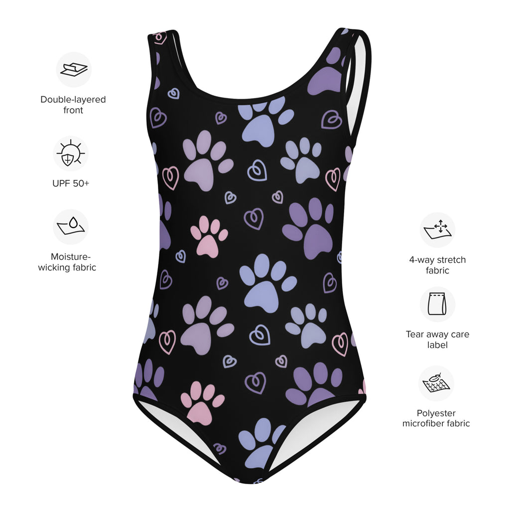 Girls Purple and Pink Paw Print Swimsuit