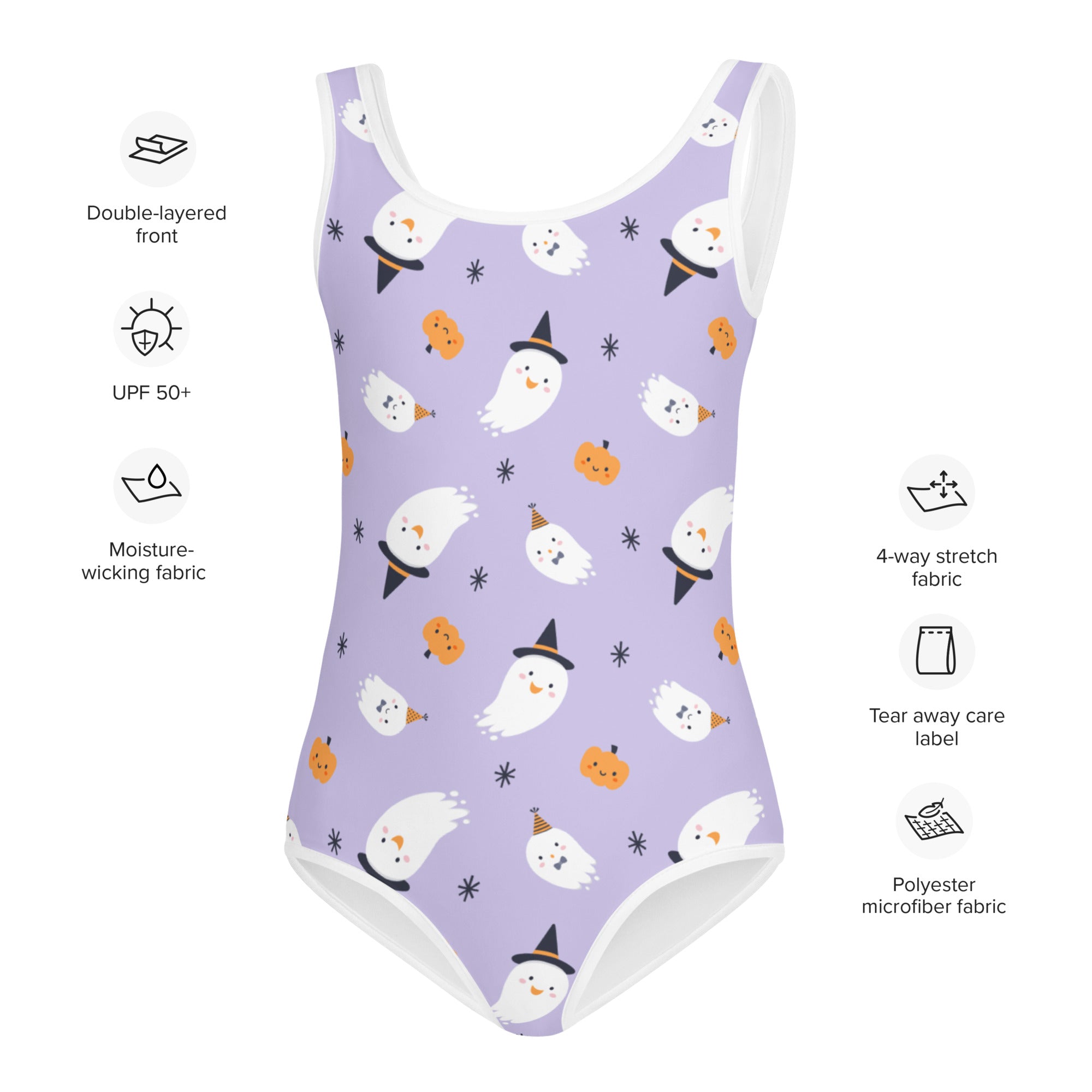 Girls ghost witch halloween swimsuit in lavender with playful ghost and pumpkin print and white trim details