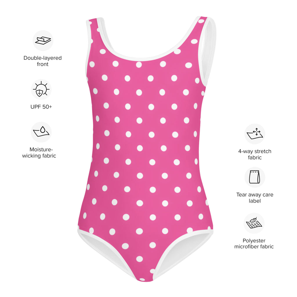 Girls pink polka dots buttery soft one-piece swimsuit with white trim and upf 50 plus sun protection