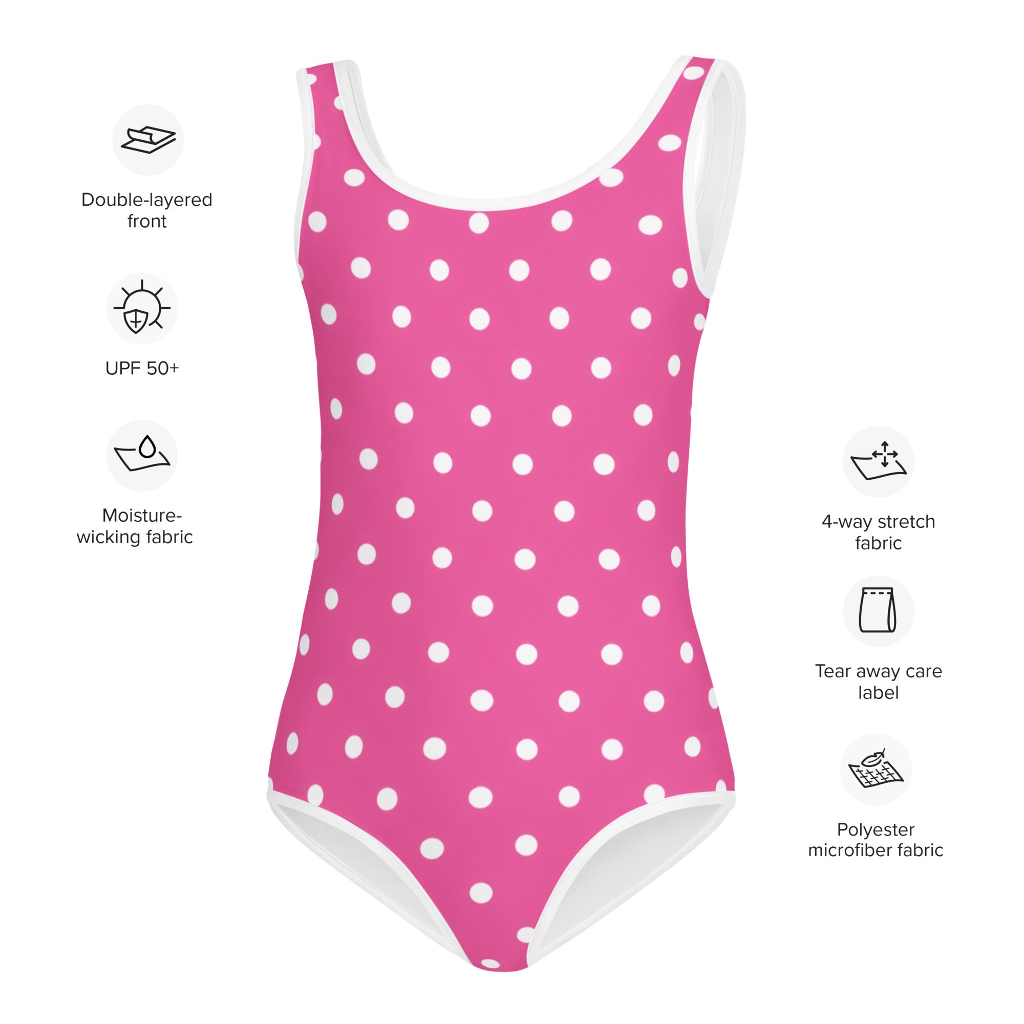 Girls pink polka dots buttery soft one-piece swimsuit with white trim and upf 50 plus sun protection
