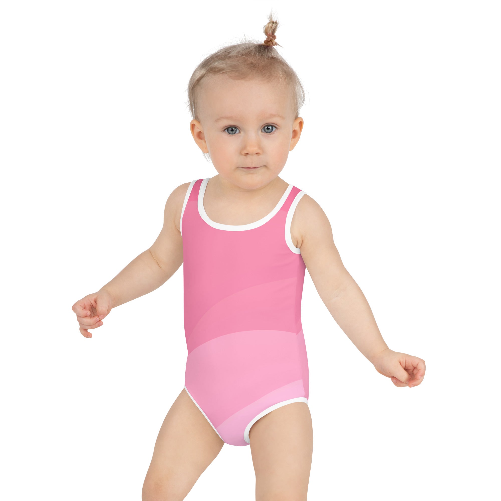 Girls wavy pink swimsuit one-piece with white trim and subtle gradient detailing for comfortable swimwear