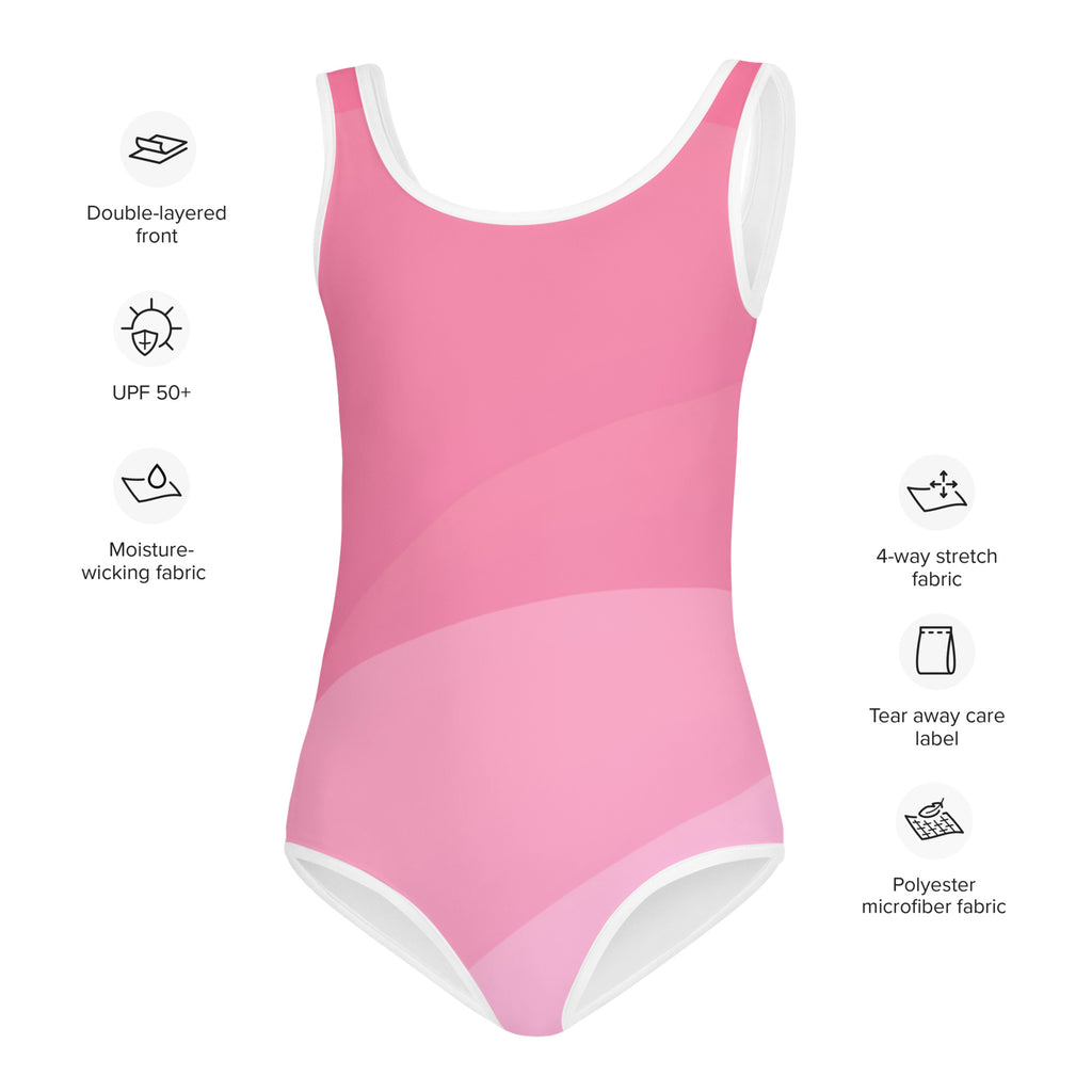 Girls wavy pink swimsuit in one-piece design with white trim and double-layered moisture-wicking polyester microfiber fabric