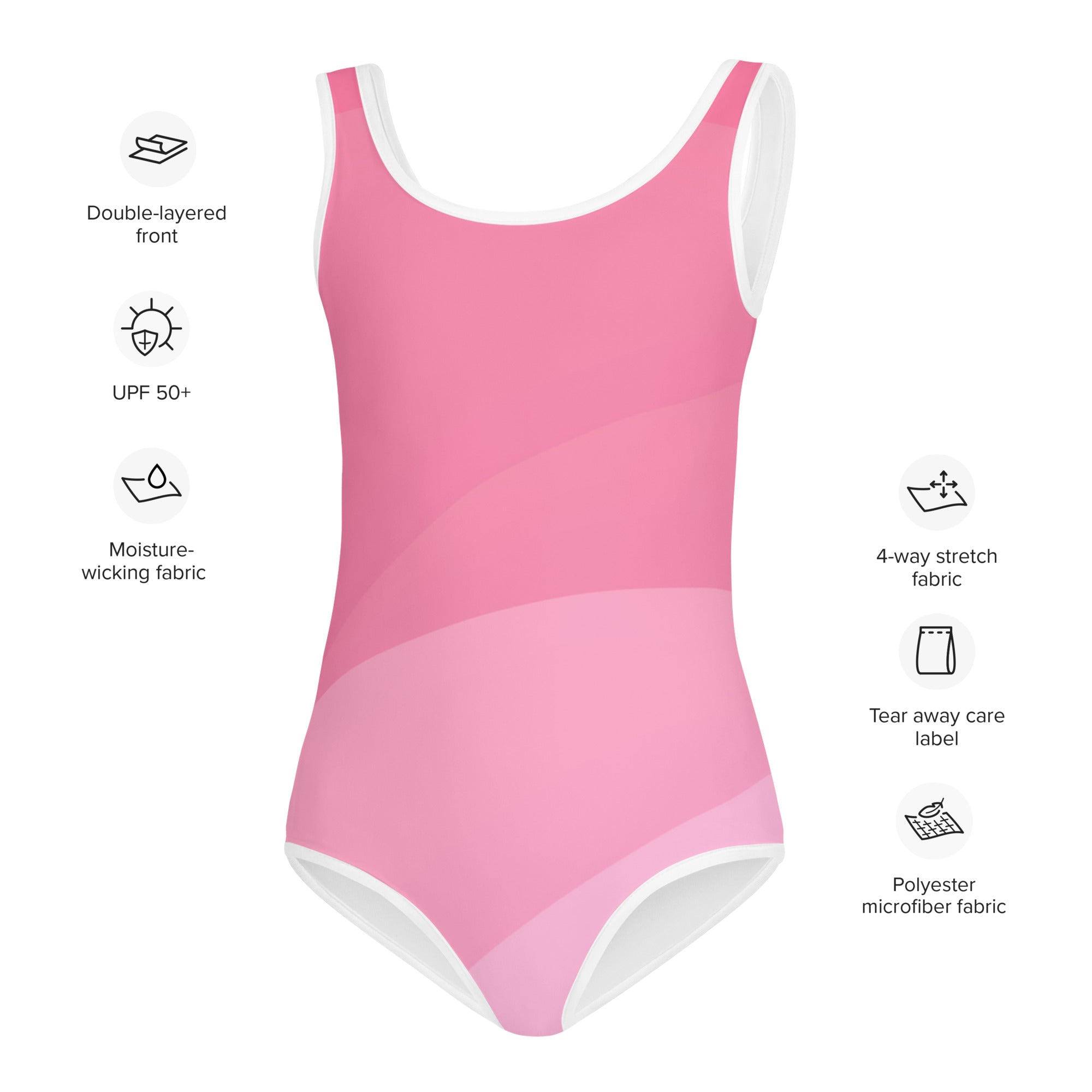 Girls wavy pink swimsuit in one-piece design with white trim and double-layered moisture-wicking polyester microfiber fabric