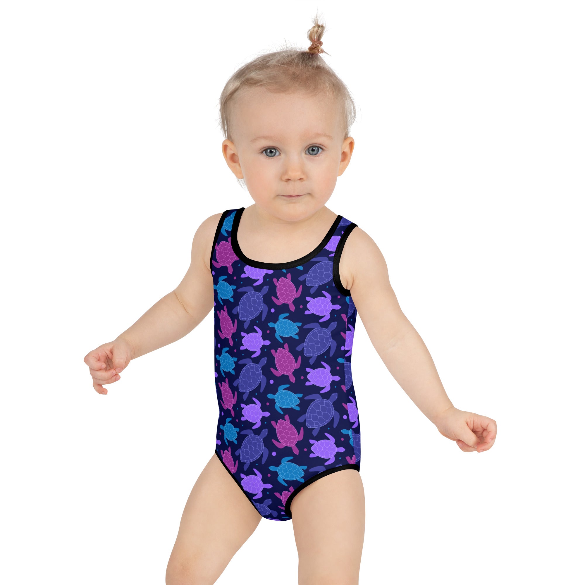 Girls purple sea turtle buttery soft navy blue swimsuit with upf 50 plus featuring playful purple and teal sea turtles
