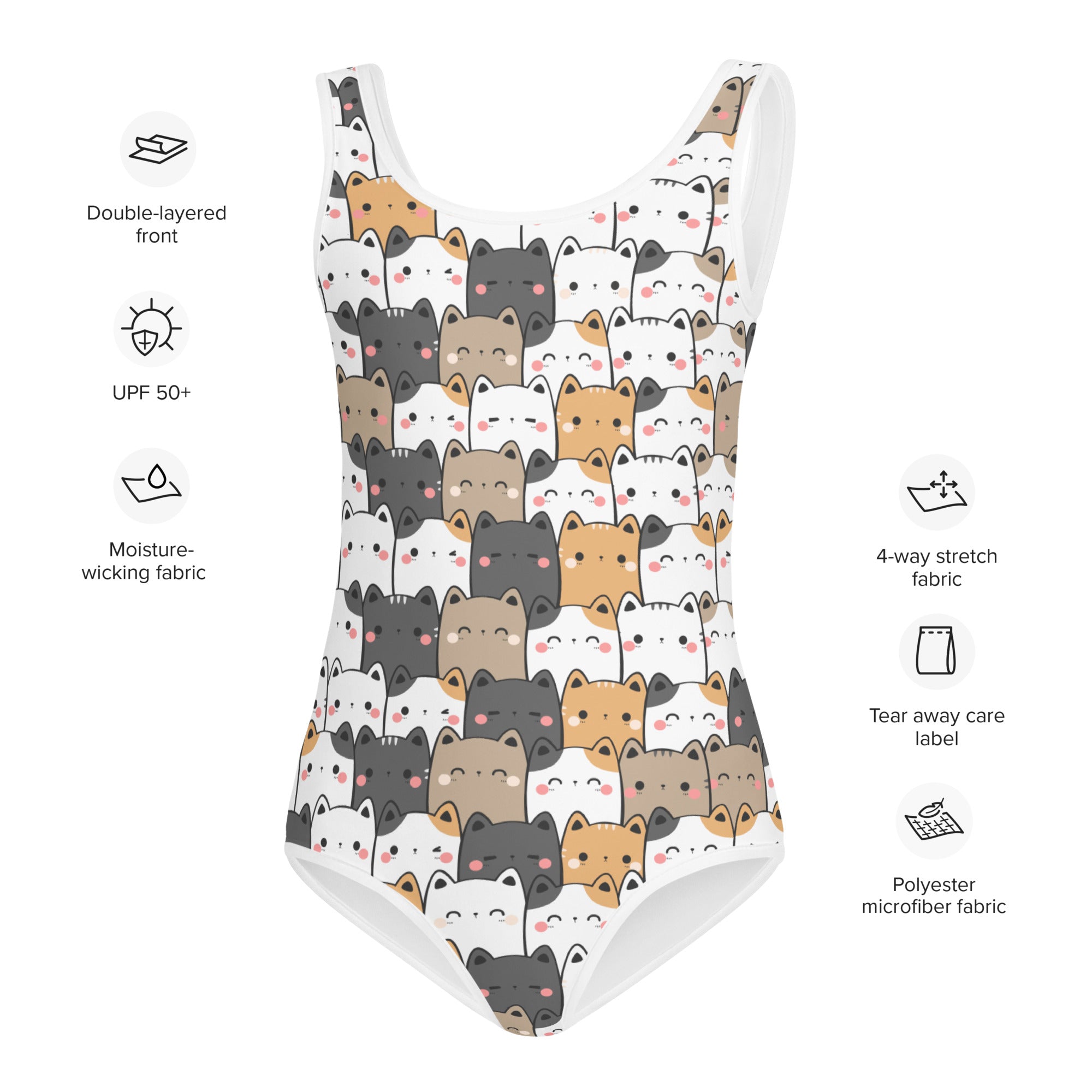 Girls Kawaii Cat Face Buttery Soft Swimsuit With UPF 50+