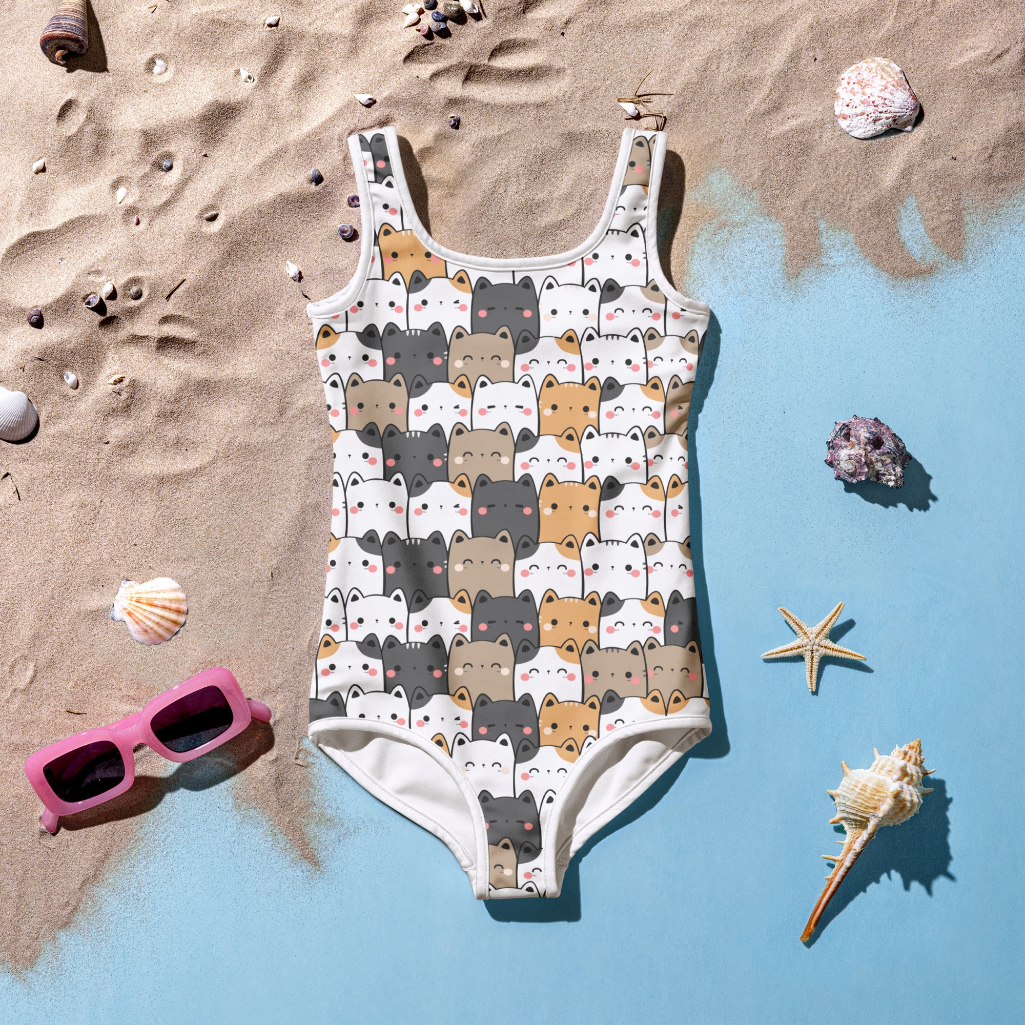 Girls Kawaii Cat Face Buttery Soft Swimsuit With UPF 50+