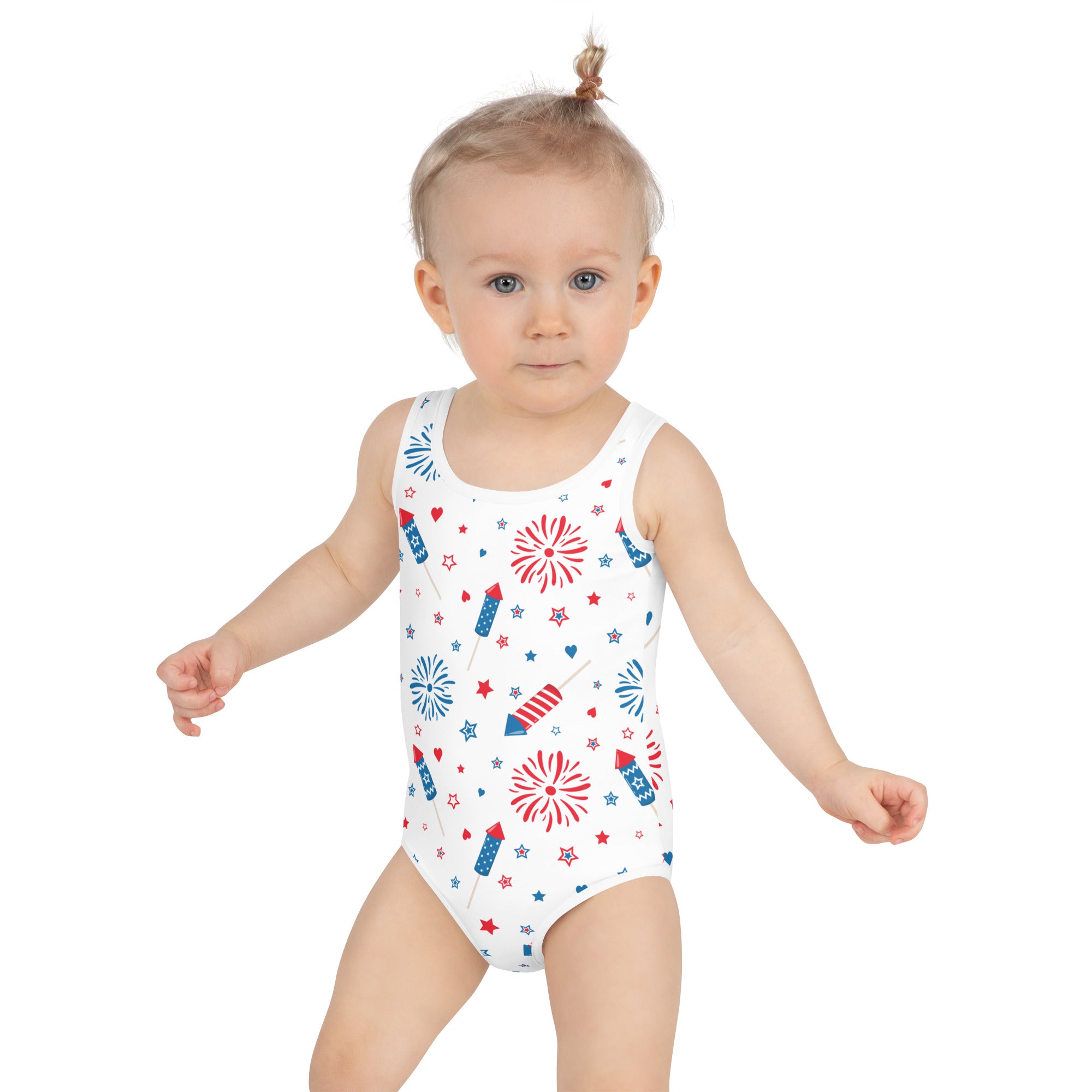 Girls fireworks and sparklers 4th of july buttery soft white swimsuit with red and blue fireworks stars and rockets design