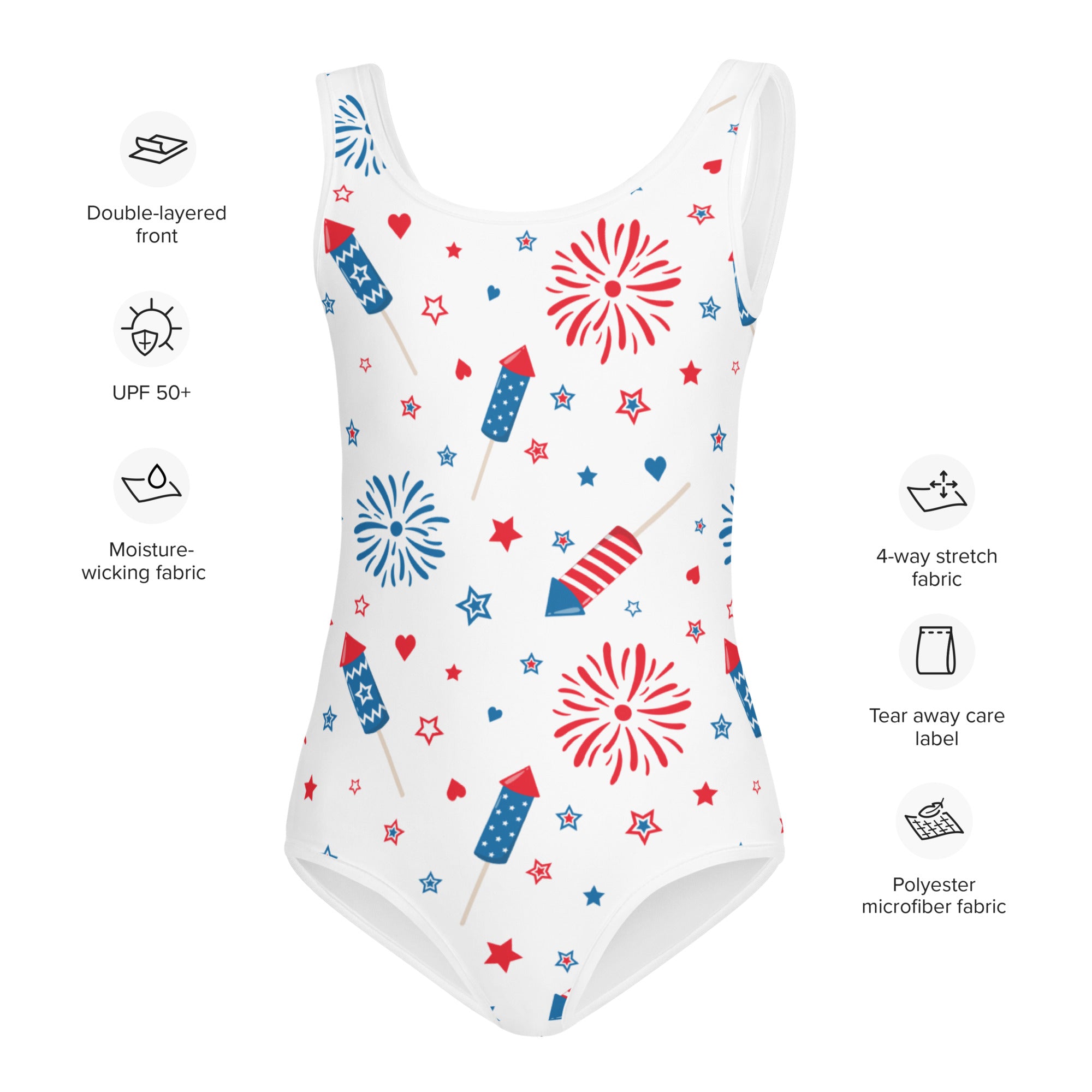 Girls fireworks and sparklers 4th of july buttery soft swimsuit in white with red and blue fireworks on polyester microfiber