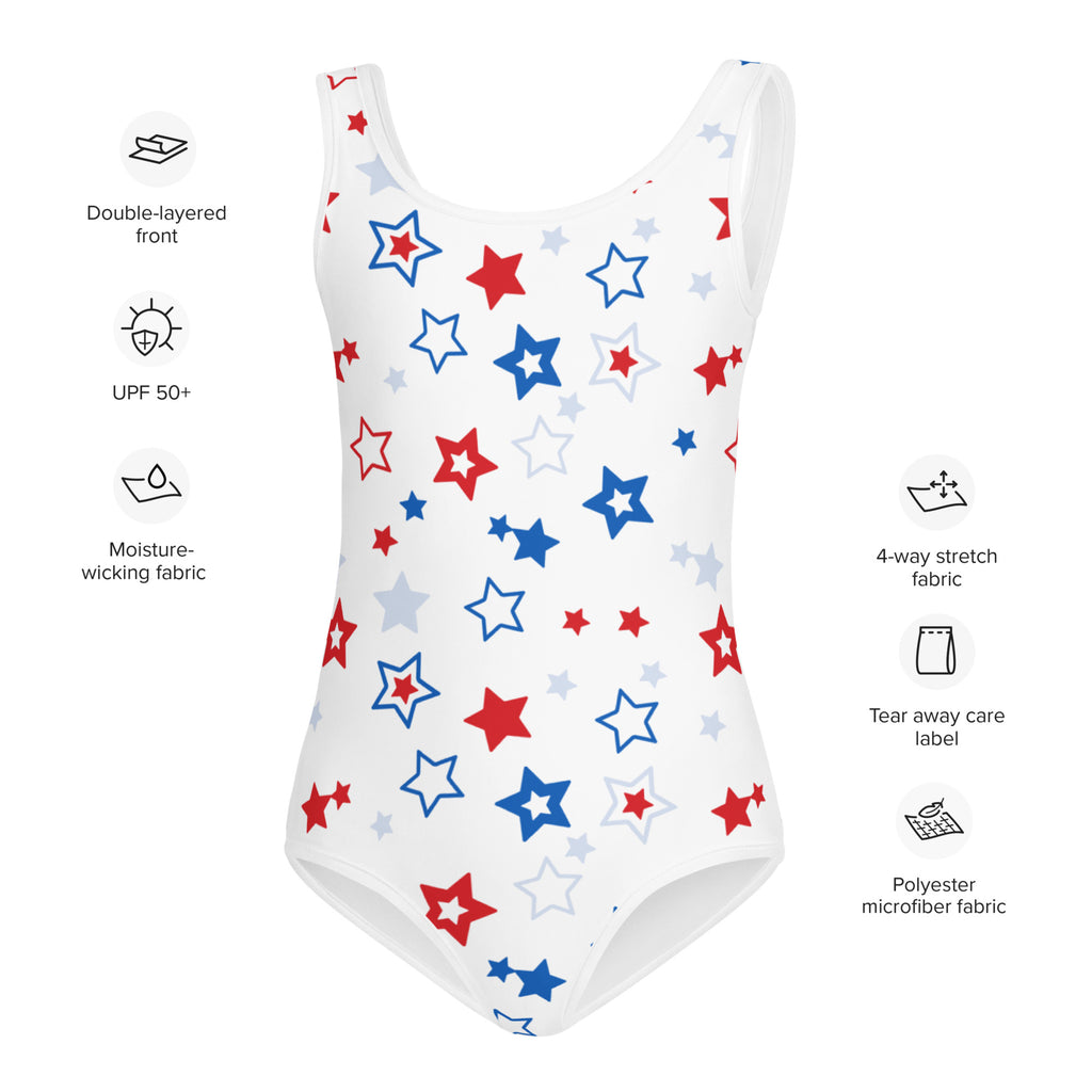 White one-piece swimsuit for girls with playful red blue and light gray star pattern perfect for 4th of july