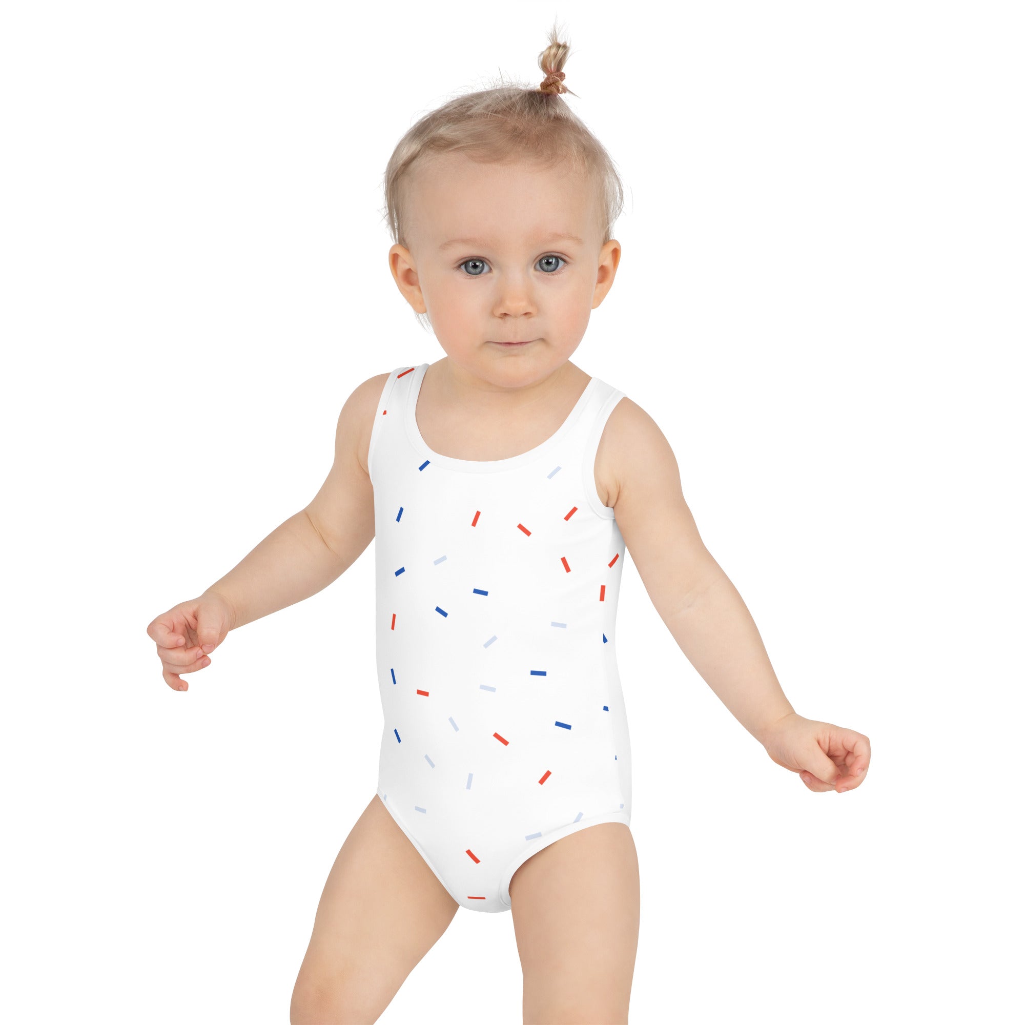 Girls confetti 4th of July swimsuit white one-piece with red blue and gray sprinkle patterns for festive wear