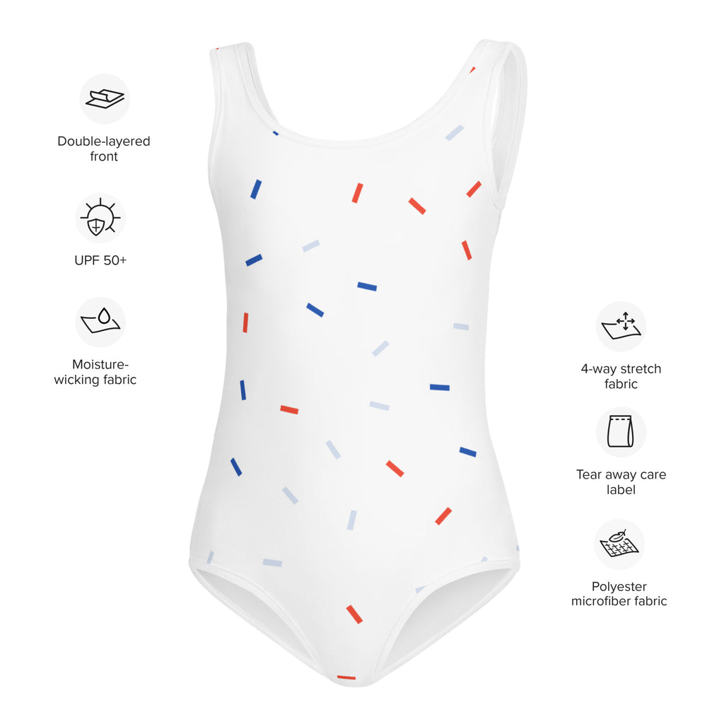 White girls confetti 4th of july one-piece swimsuit with playful red blue and gray rectangular stripe pattern