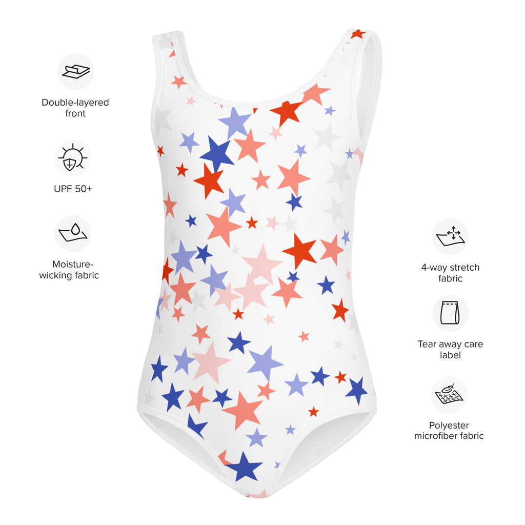 White girls one-piece swimsuit with vibrant red blue and pink star pattern for 4th of july use