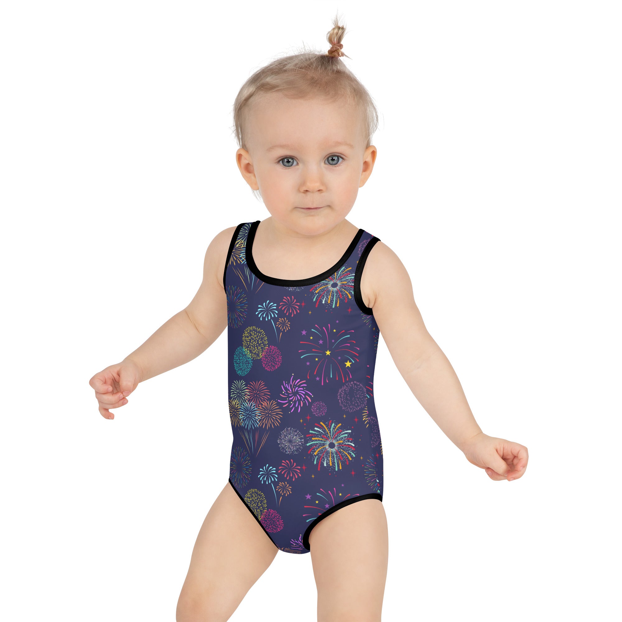 Navy blue girls one-piece swimsuit with black trim and colorful fireworks pattern for 4th of July soft swimwear