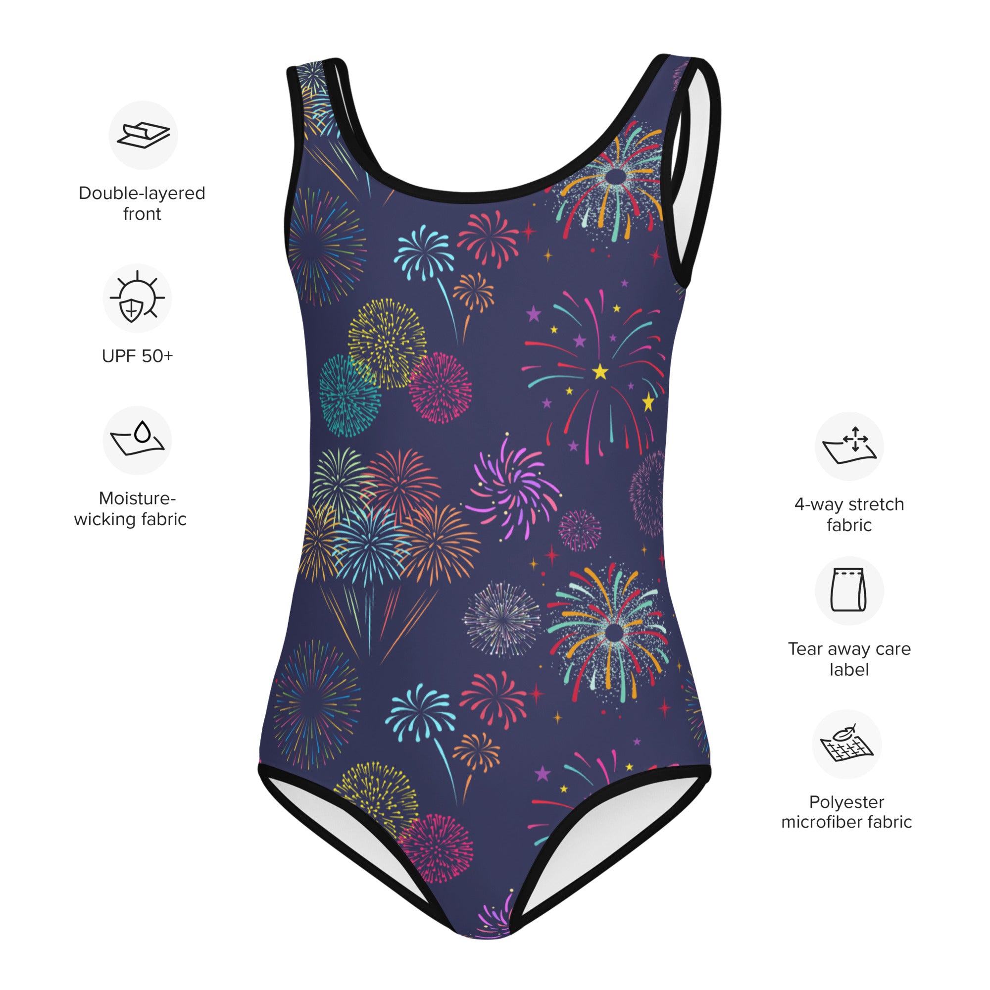 Girls fireworks 4th of July buttery soft swimsuit in navy blue with vibrant multicolored fireworks and black trim