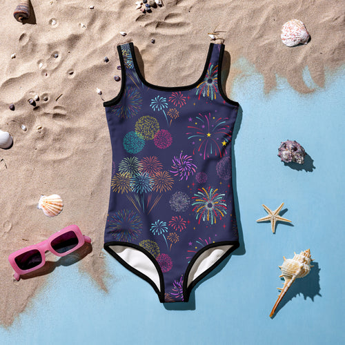 Girls fireworks 4th of July buttery soft swimsuit in navy blue with a multicolored fireworks pattern and black trim