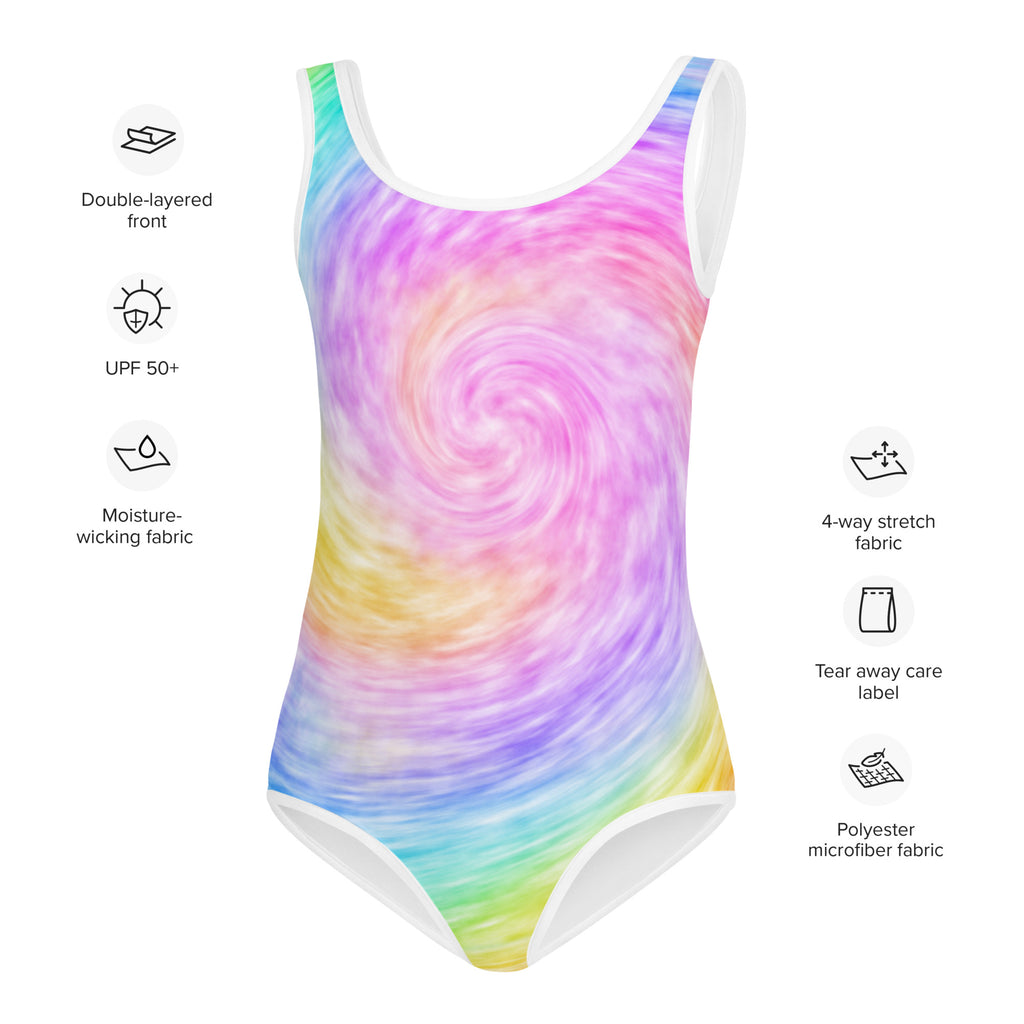 Girls vibrant rainbow swirl one-piece swimsuit with white trim and moisture-wicking polyester microfiber front