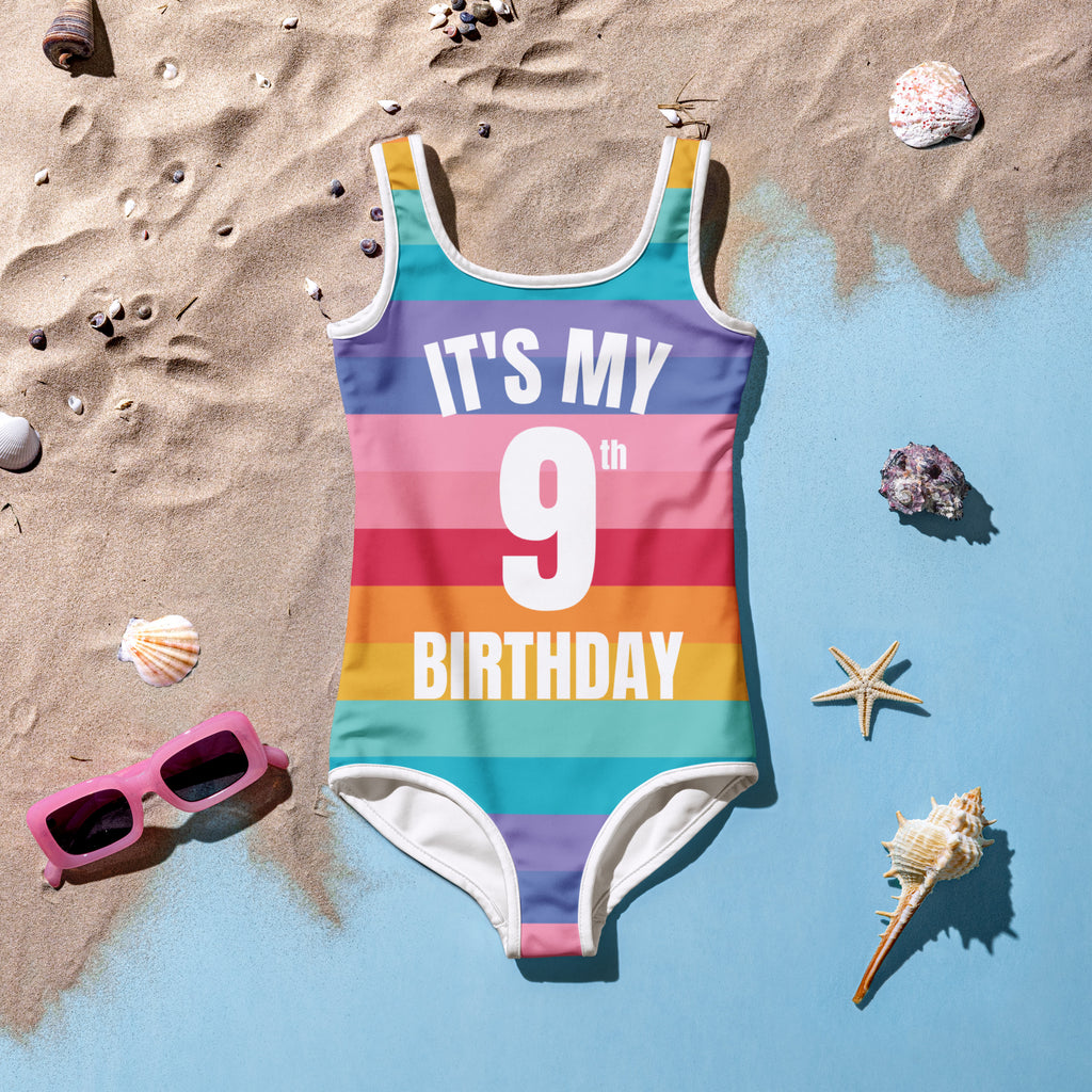 Girls Striped Bright Rainbow Custom Age It's My Birthday Swimsuit