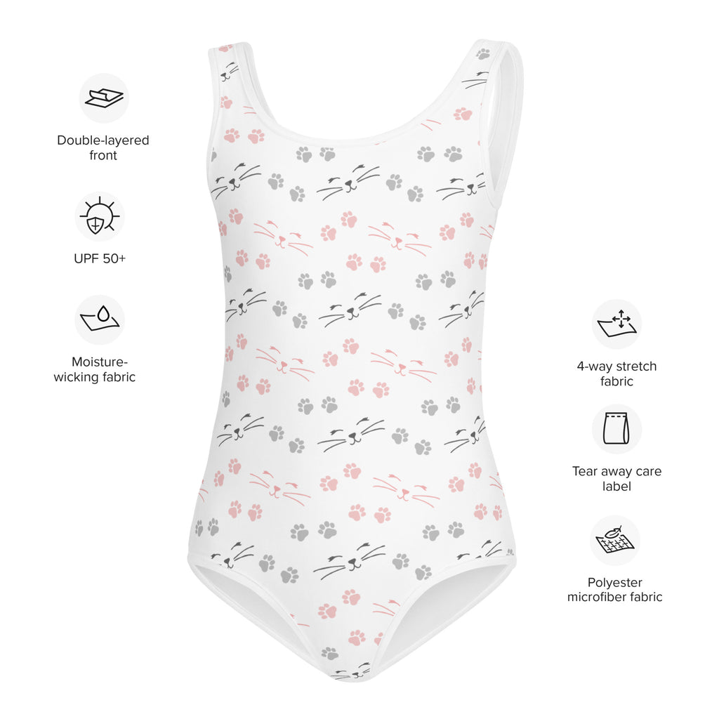 White girls one-piece swimsuit with pink and gray cat faces and paw prints made from buttery soft polyester microfiber with upf 50+