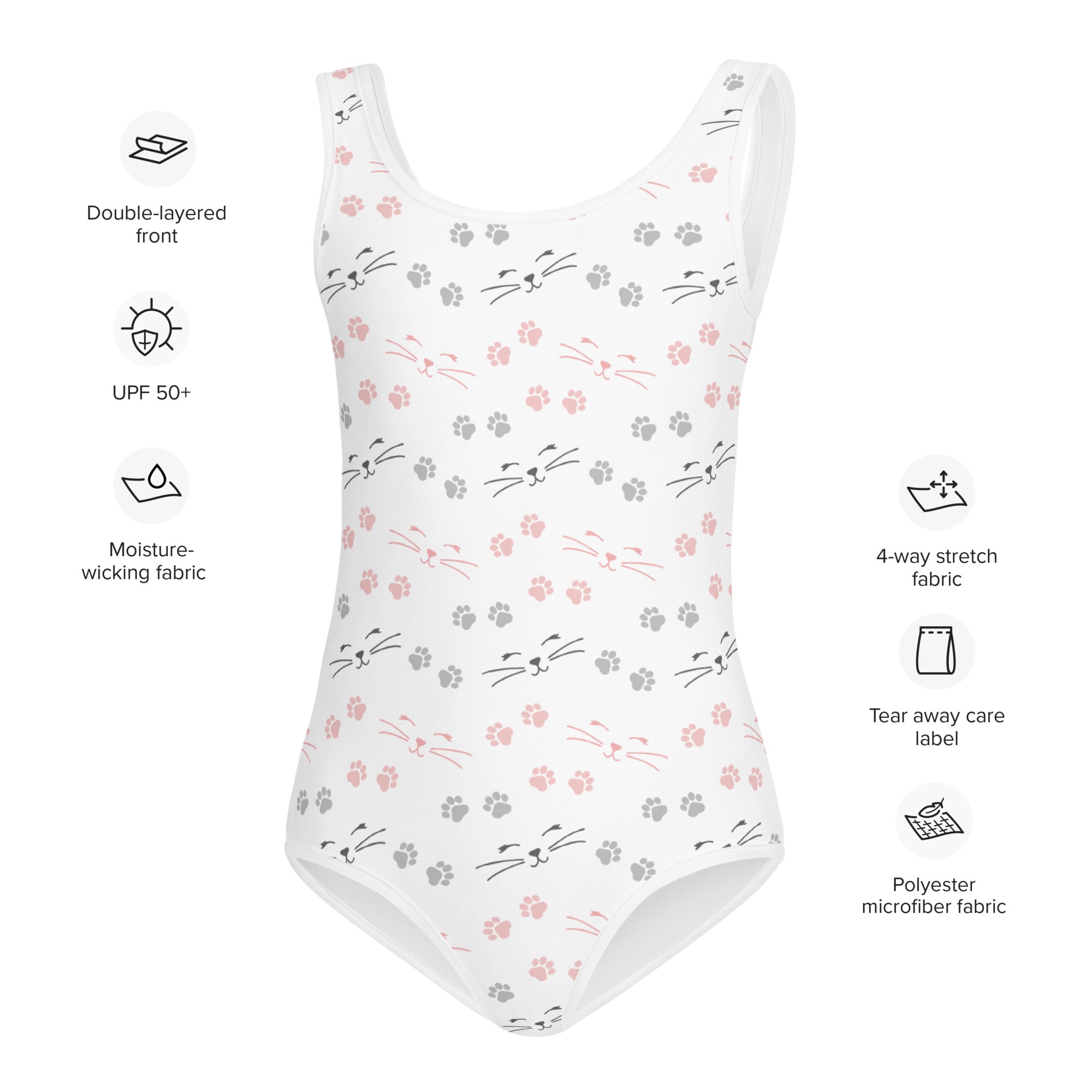 White girls one-piece swimsuit with pink and gray cat faces and paw prints made from buttery soft polyester microfiber with upf 50+