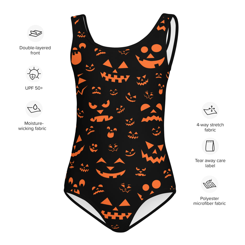 Girls jack-o-lantern faces halloween swimsuit in black polyester microfiber with orange pumpkin prints all over