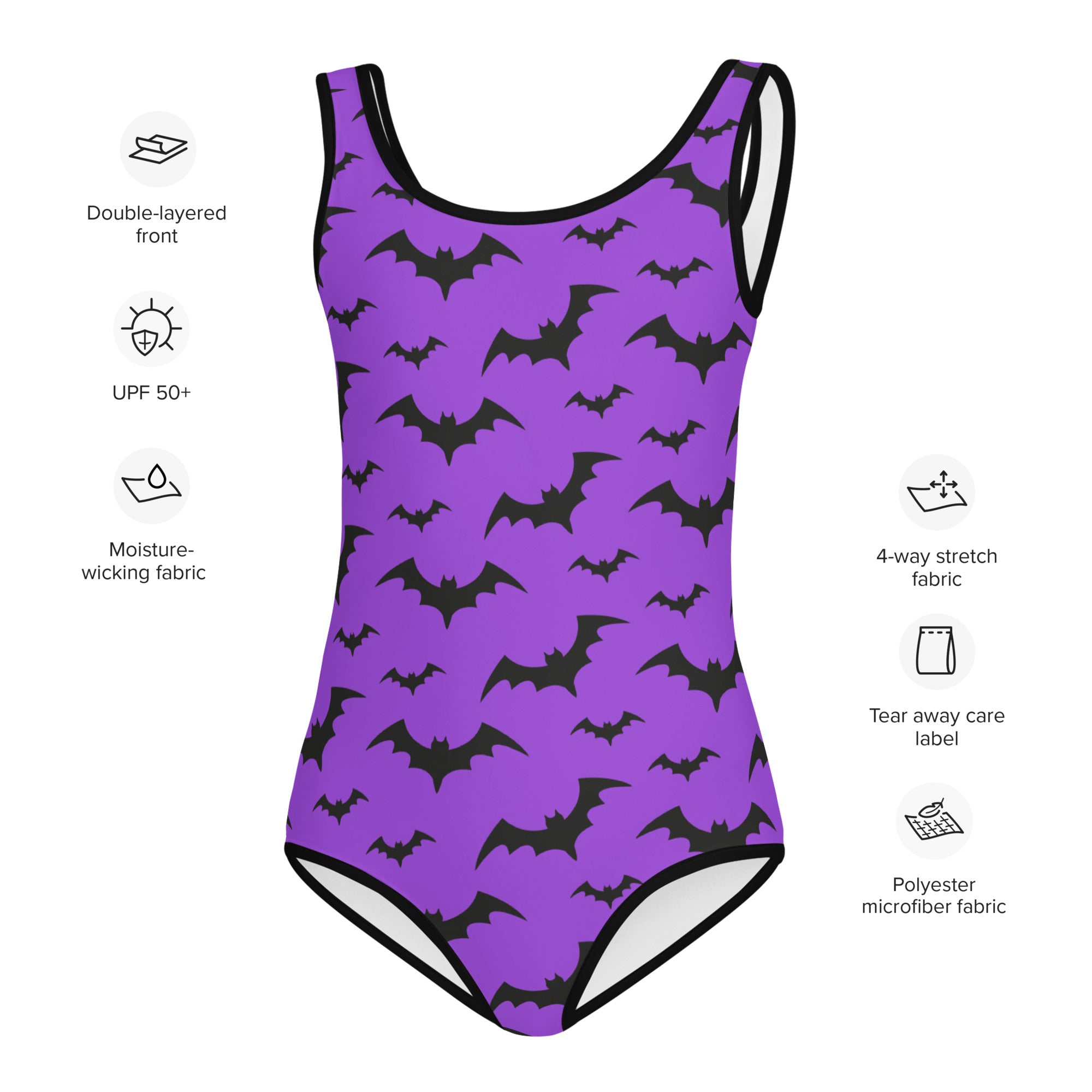 Girls Purple Bats Halloween Buttery Soft Swimsuit