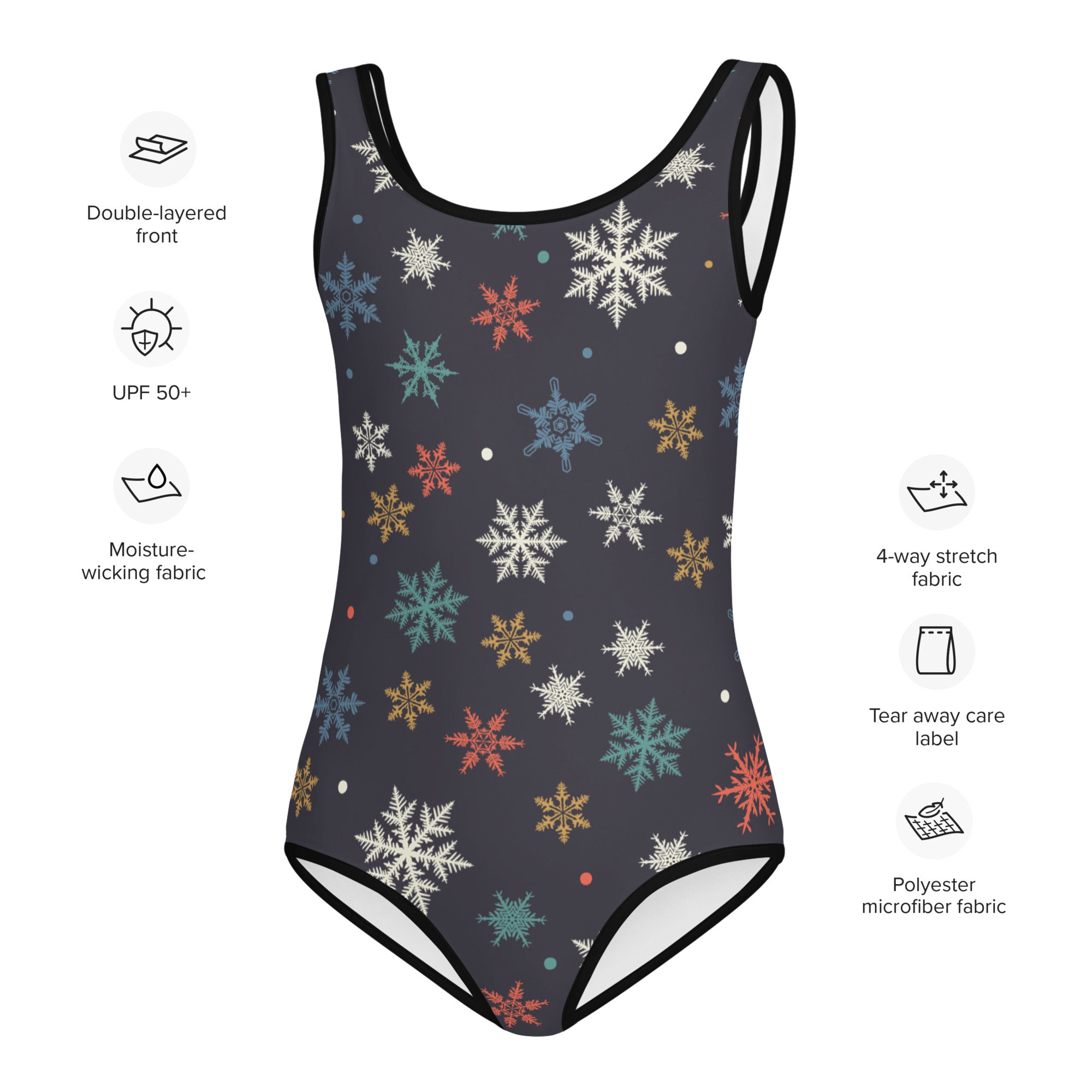 Dark gray girls one-piece swimsuit with colorful white teal orange and gold snowflake pattern buttery soft fabric