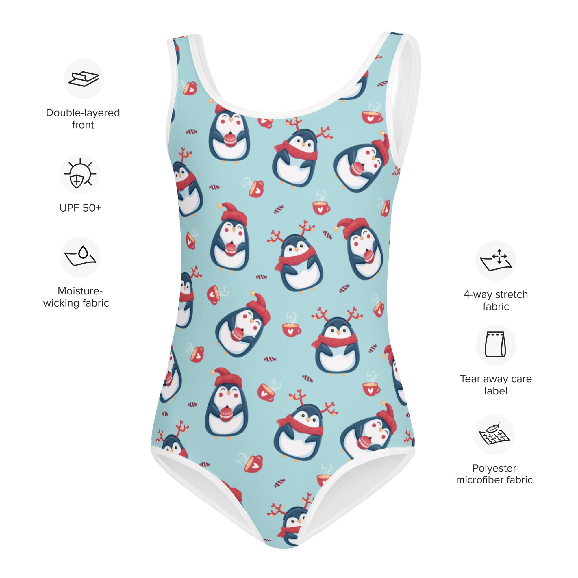A light blue girls buttery soft one-piece swimsuit with cartoon penguins and white trim for Christmas use