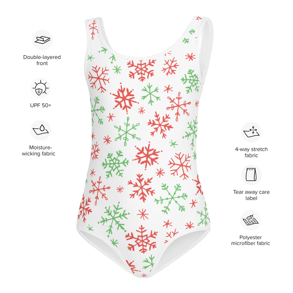Girls red and green snowflakes christmas swimsuit white one-piece with festive snowflake pattern for holiday swimwear