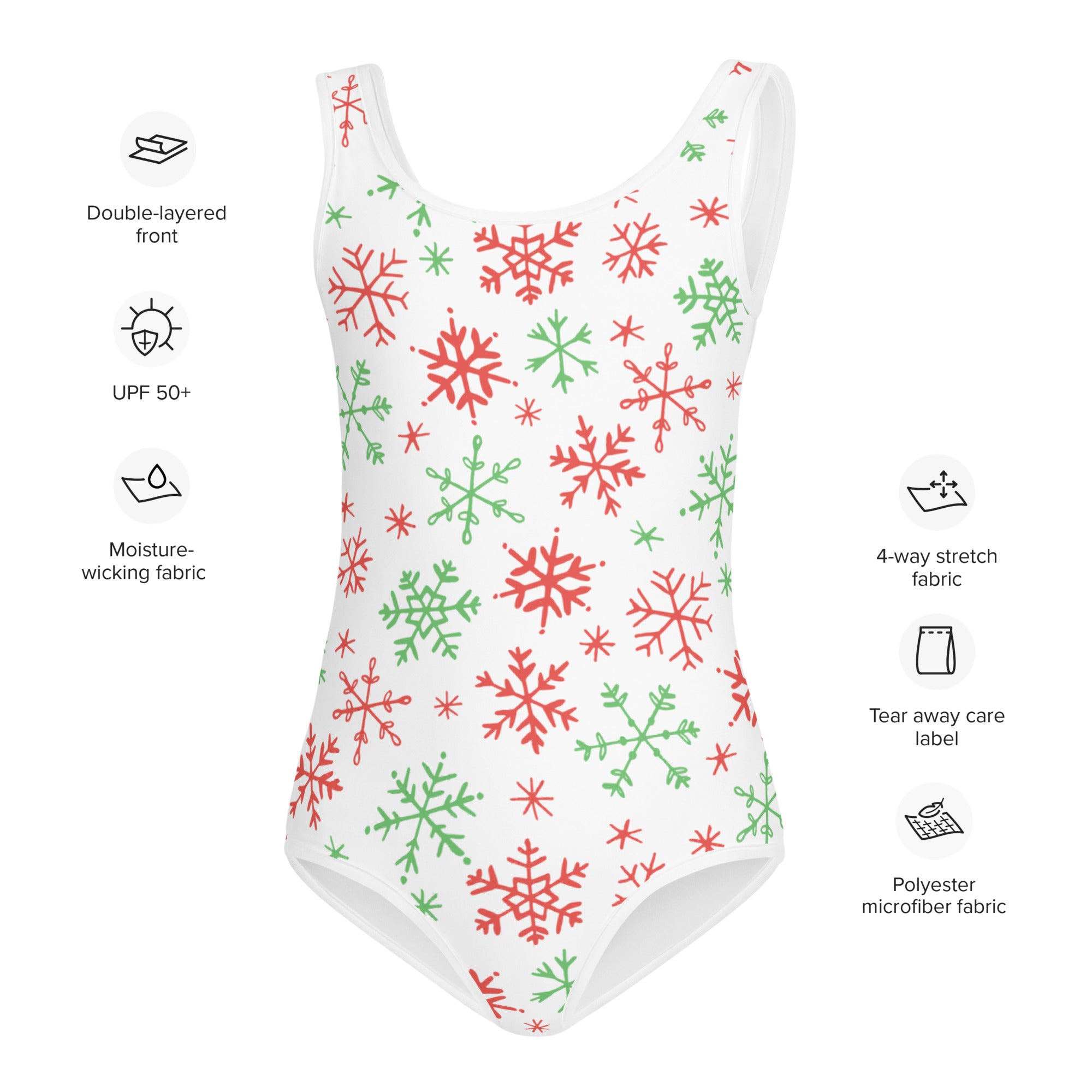 Girls red and green snowflakes christmas swimsuit white one-piece with festive snowflake pattern for holiday swimwear