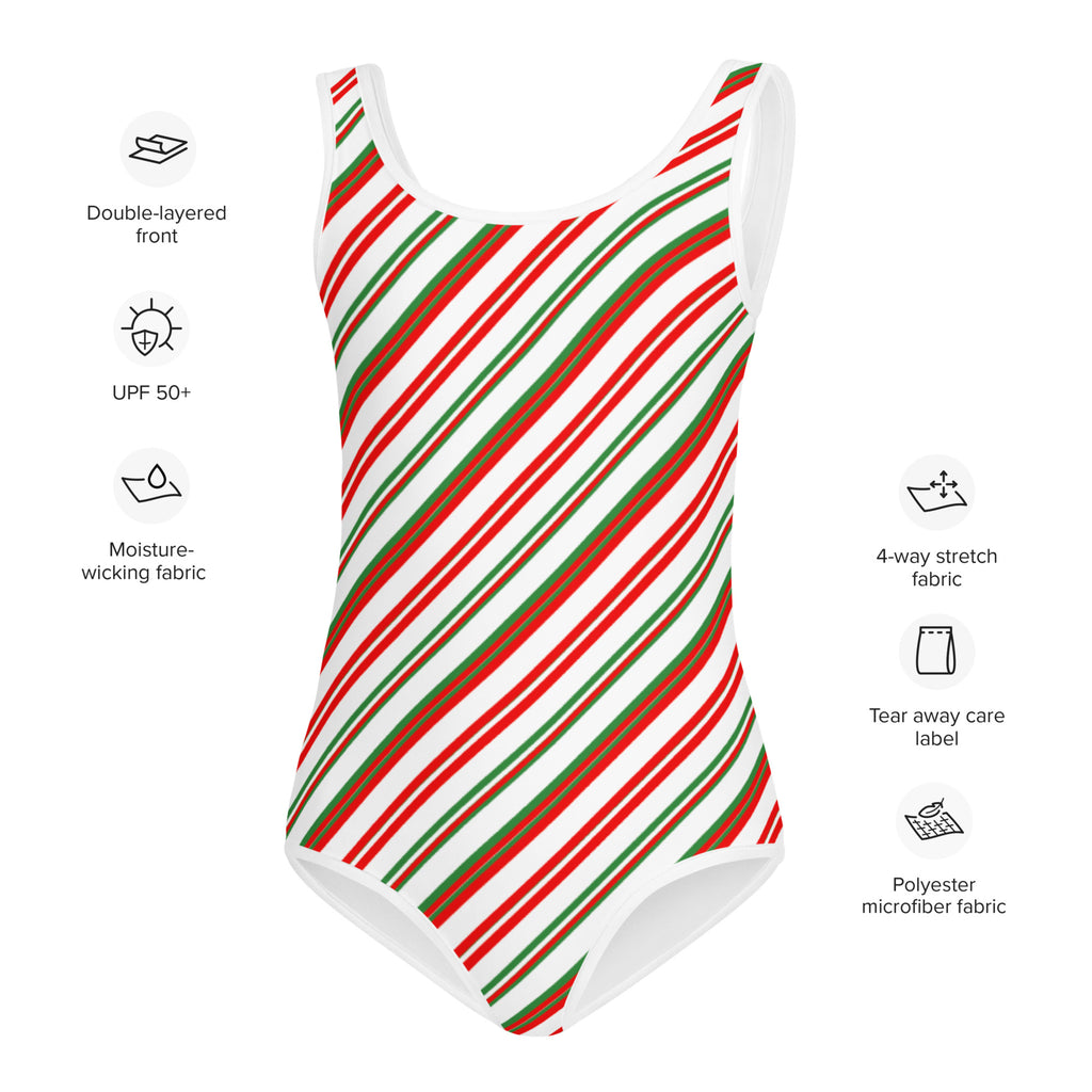 Girls candy cane stripes christmas one-piece swimsuit with diagonal red and green stripes on white polyester microfiber