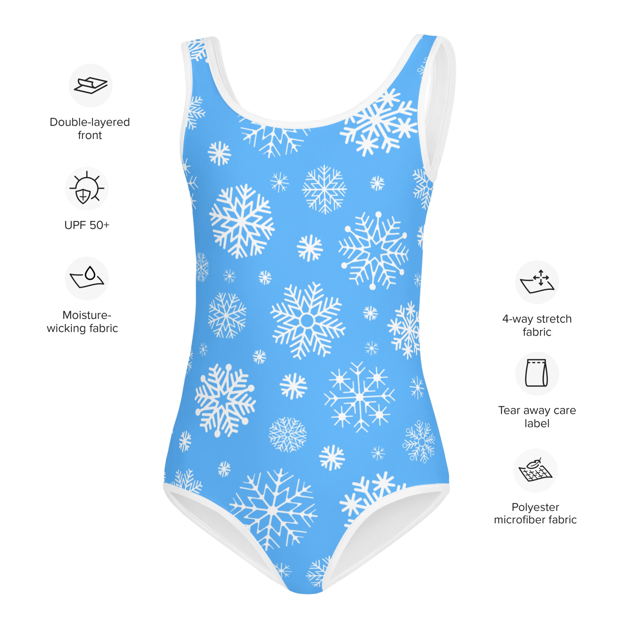 A light blue girls one-piece swimsuit with white snowflake pattern and trim festive holiday swimwear for kids